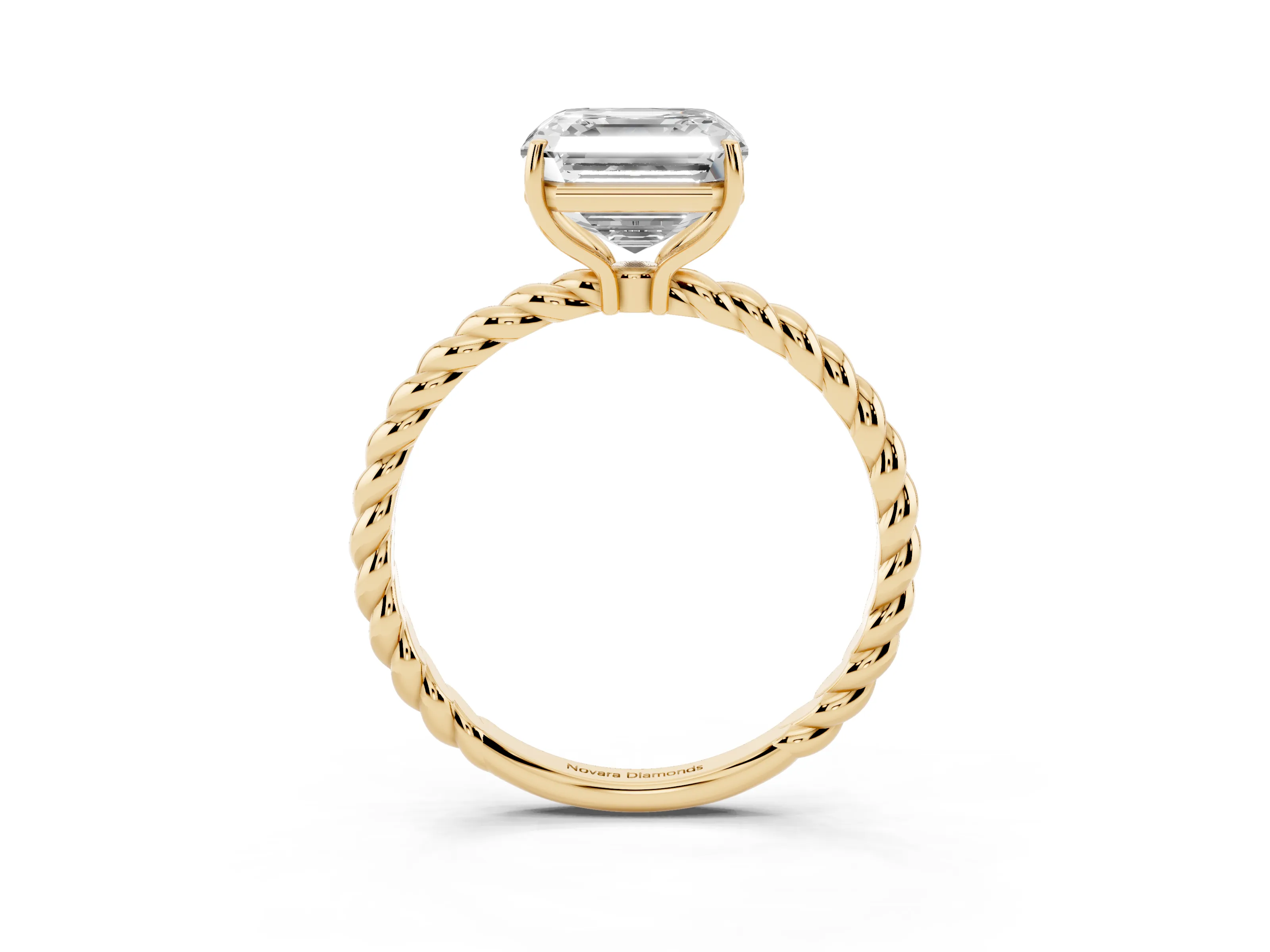 Asscher Cut Diamond Solitaire Ring Set in Yellow gold with Twist Band and Prong Setting