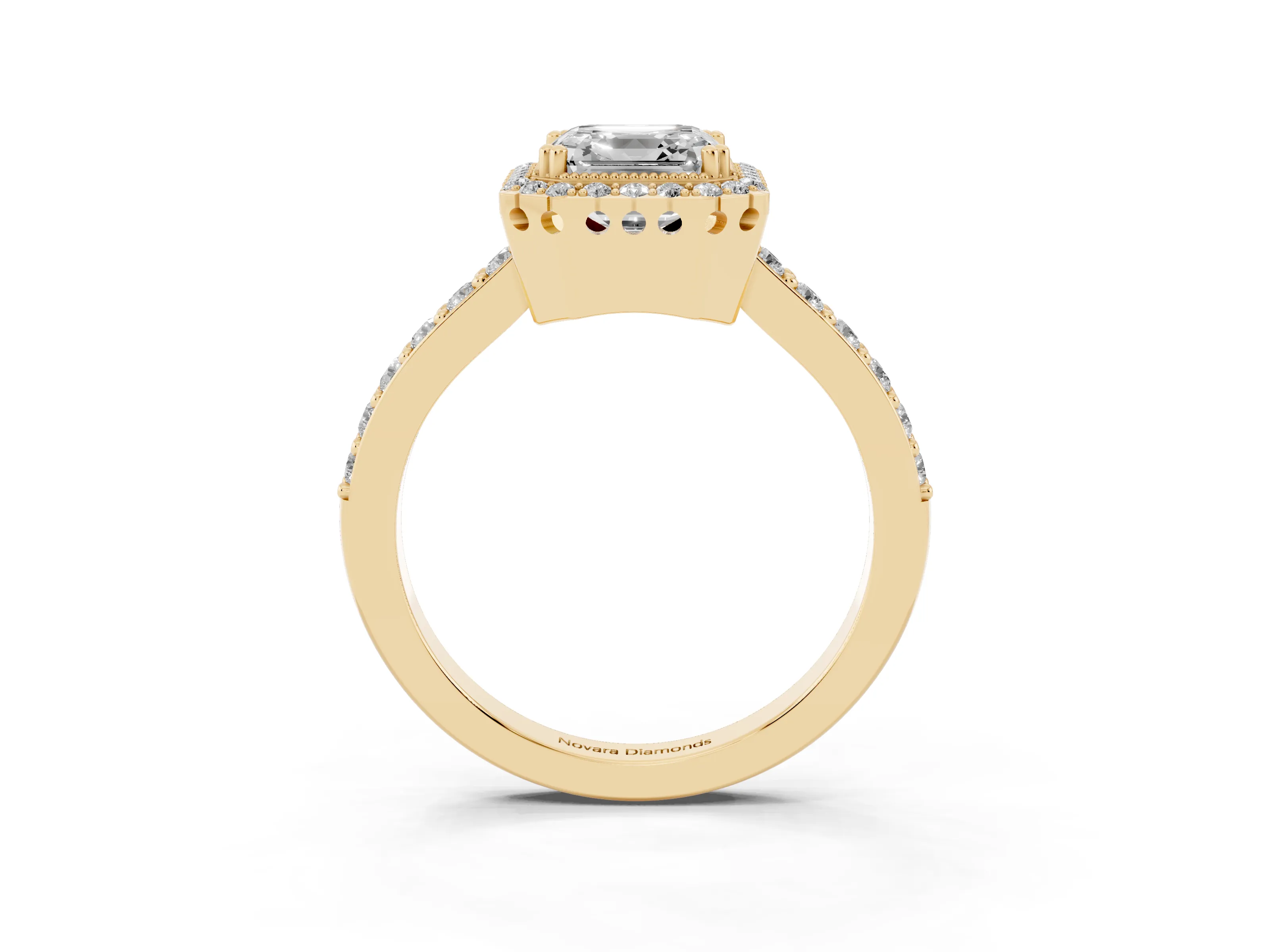 Asscher Cut Diamond Halo Engagement Ring Set in Yellow gold with Milgrain Detail and Pavé Band