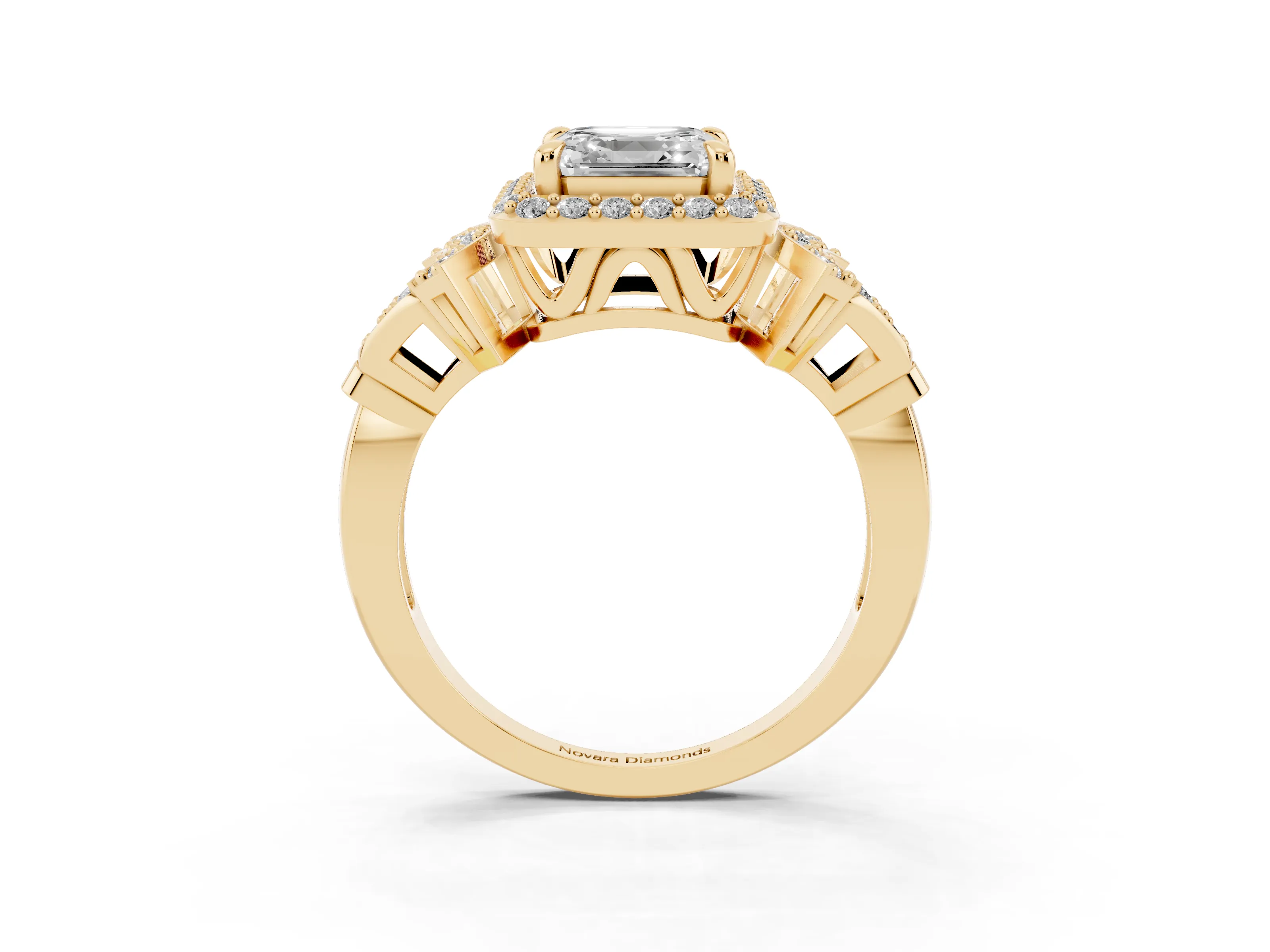 Asscher Cut Diamond Halo Engagement Ring Set in Yellow gold with Accent Stone Split Shank