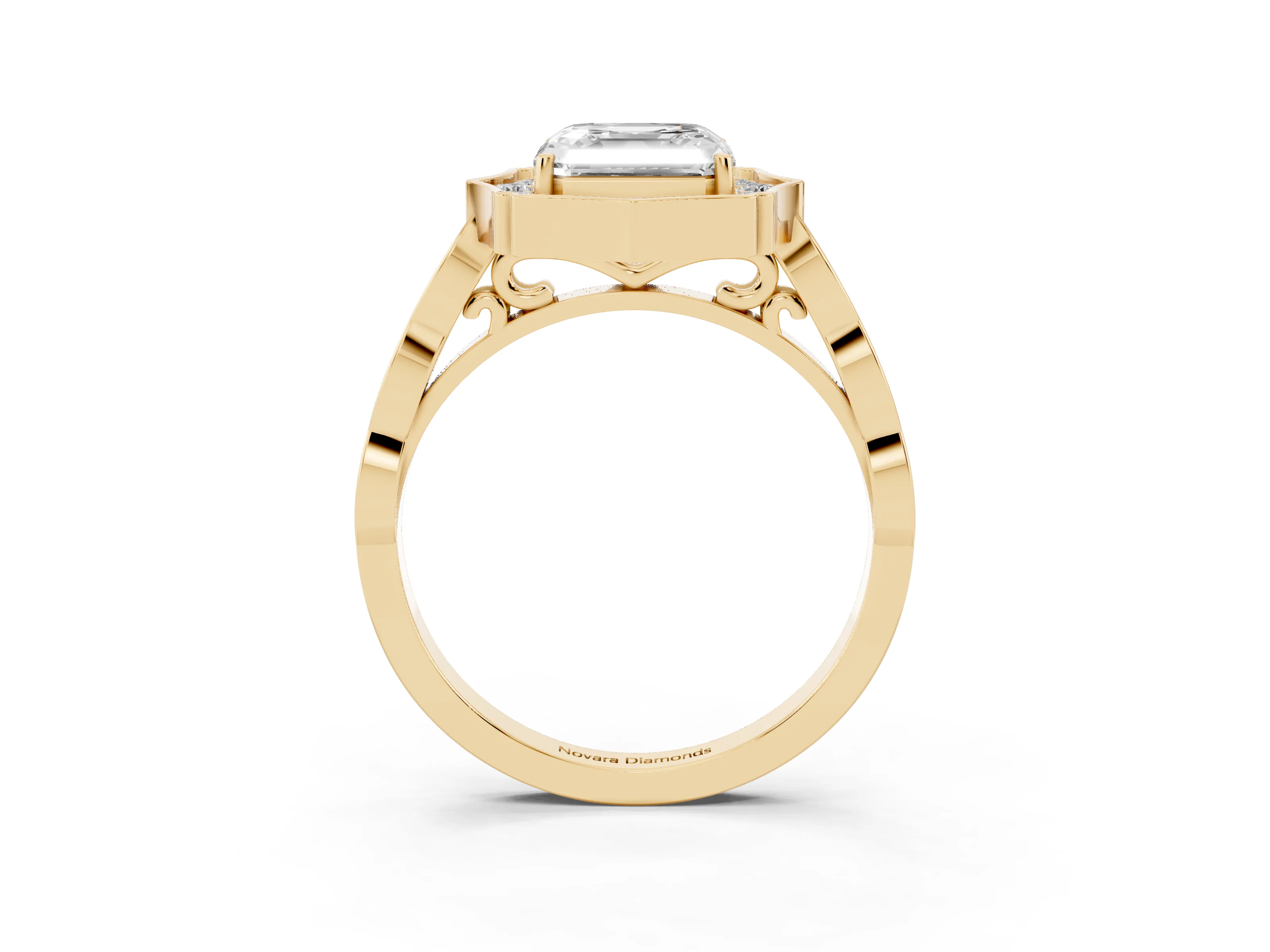 Asscher Cut Diamond Halo Engagement Ring Set in Yellow gold with Milgrain Band and Prong Setting