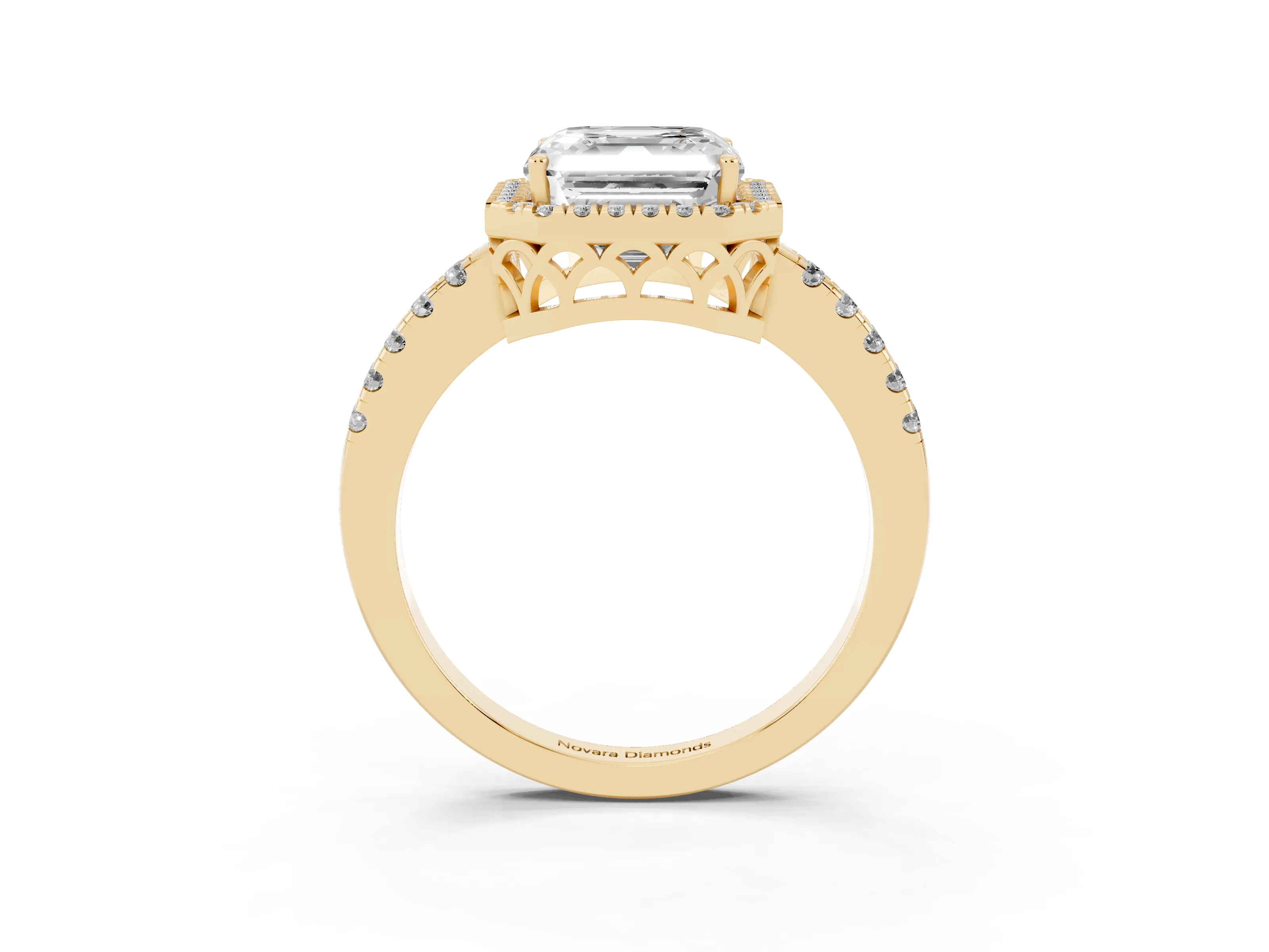 Asscher Cut Diamond Pavé Band Halo Engagement Ring Set in Yellow gold with Prong Setting