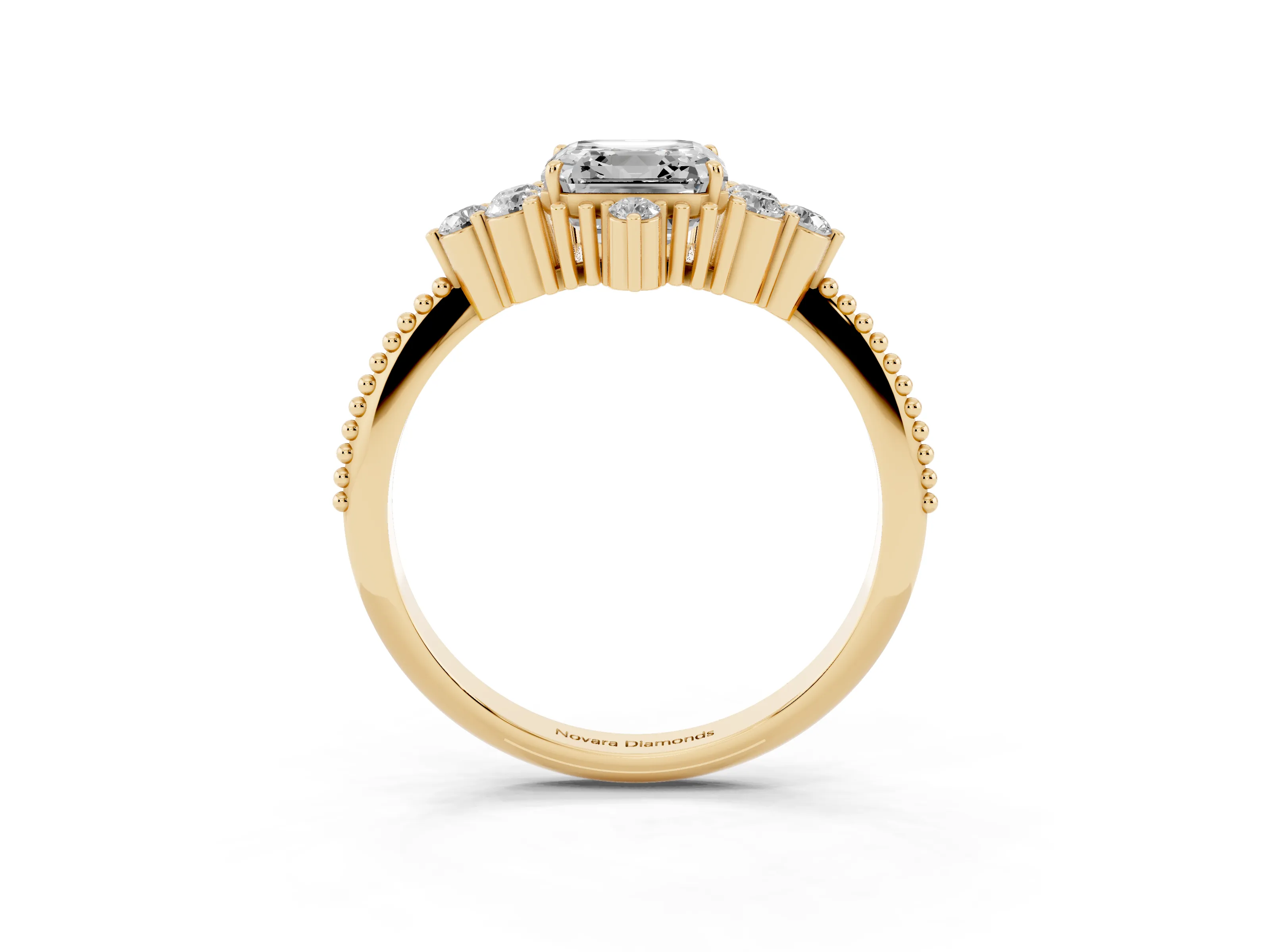 Asscher Cut Diamond Cluster Ring Set in Yellow gold with Beaded Band