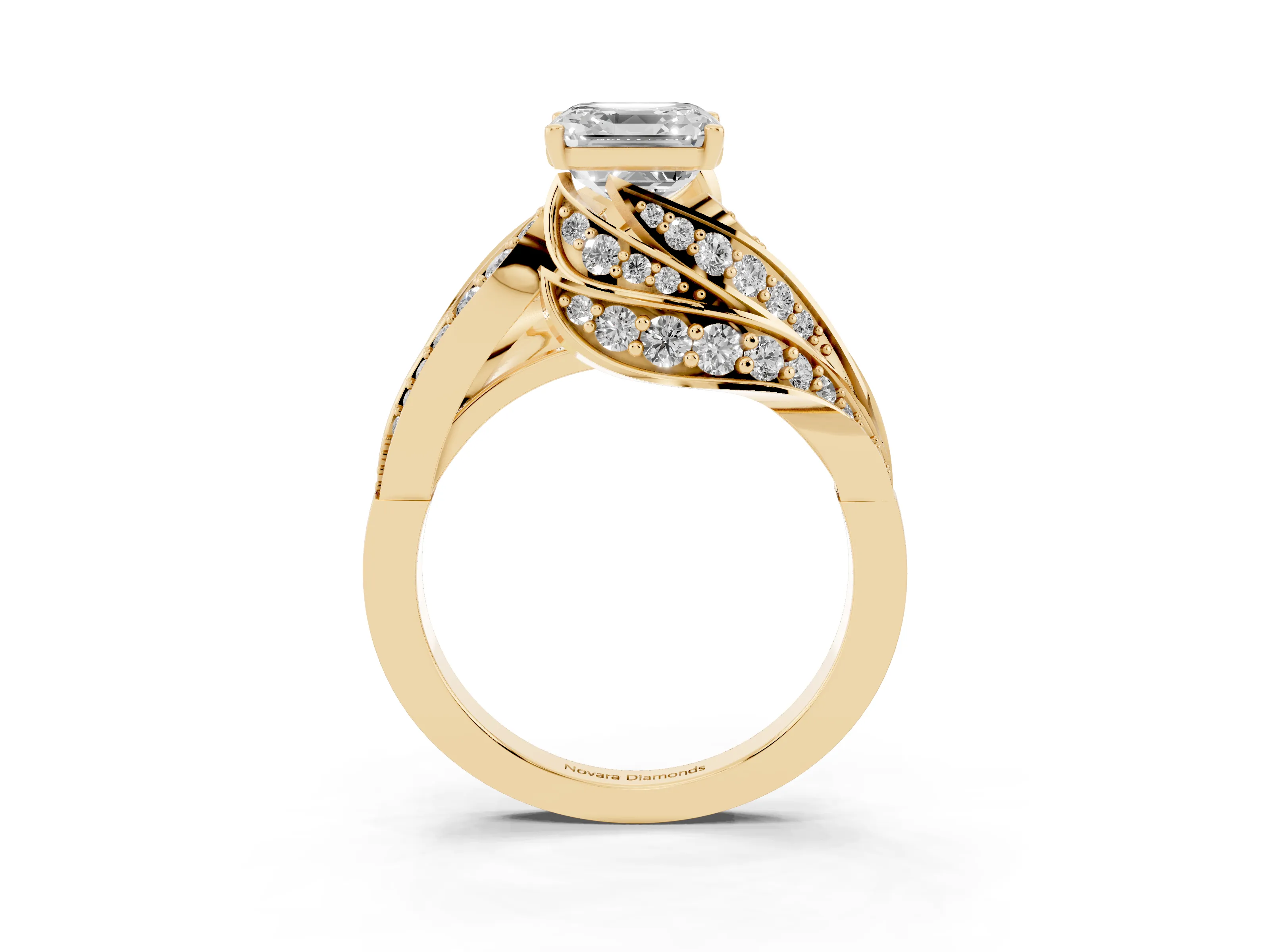 Asscher Cut Diamond Solitaire Ring Set in Yellow gold with Layered Twist Pavé Band