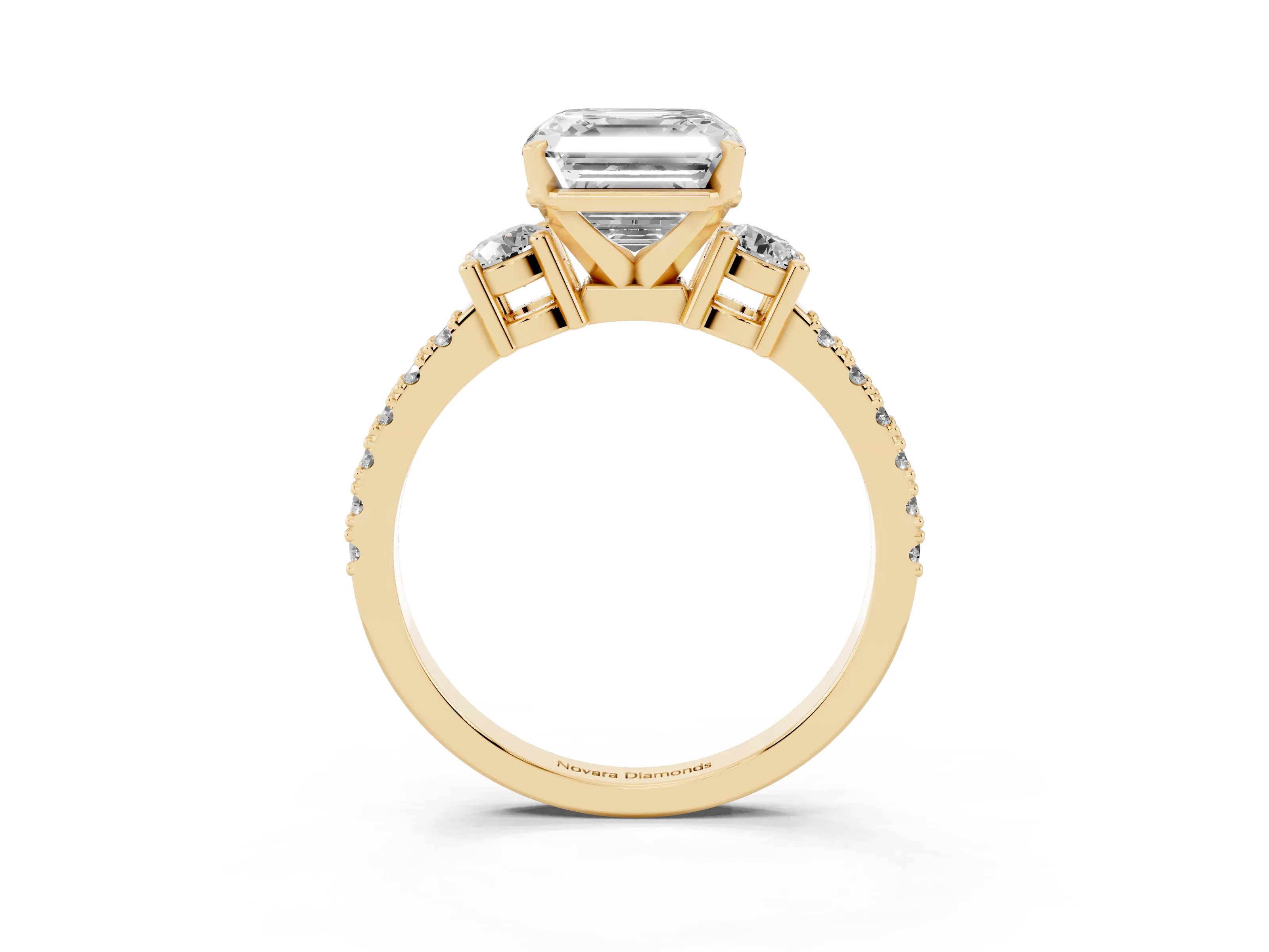Three-Stone Asscher Cut Diamond Pavé Band Ring Set in Yellow gold with Prong Setting