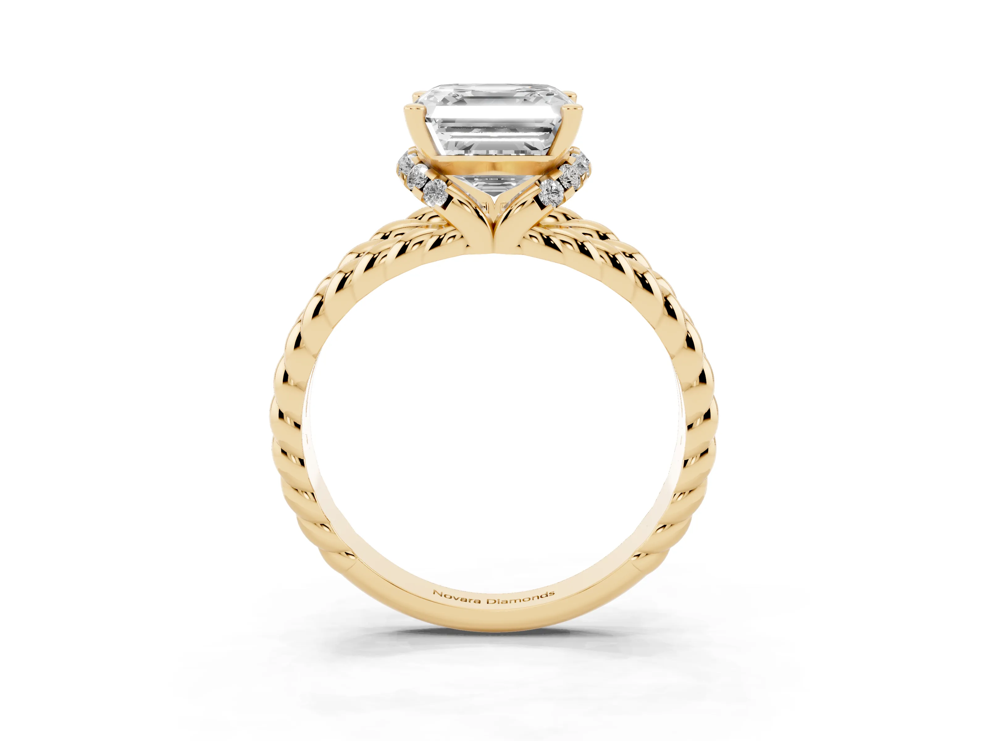 Asscher Cut Diamond Halo Ring Set in Yellow gold with Twisted Band and Prong Setting