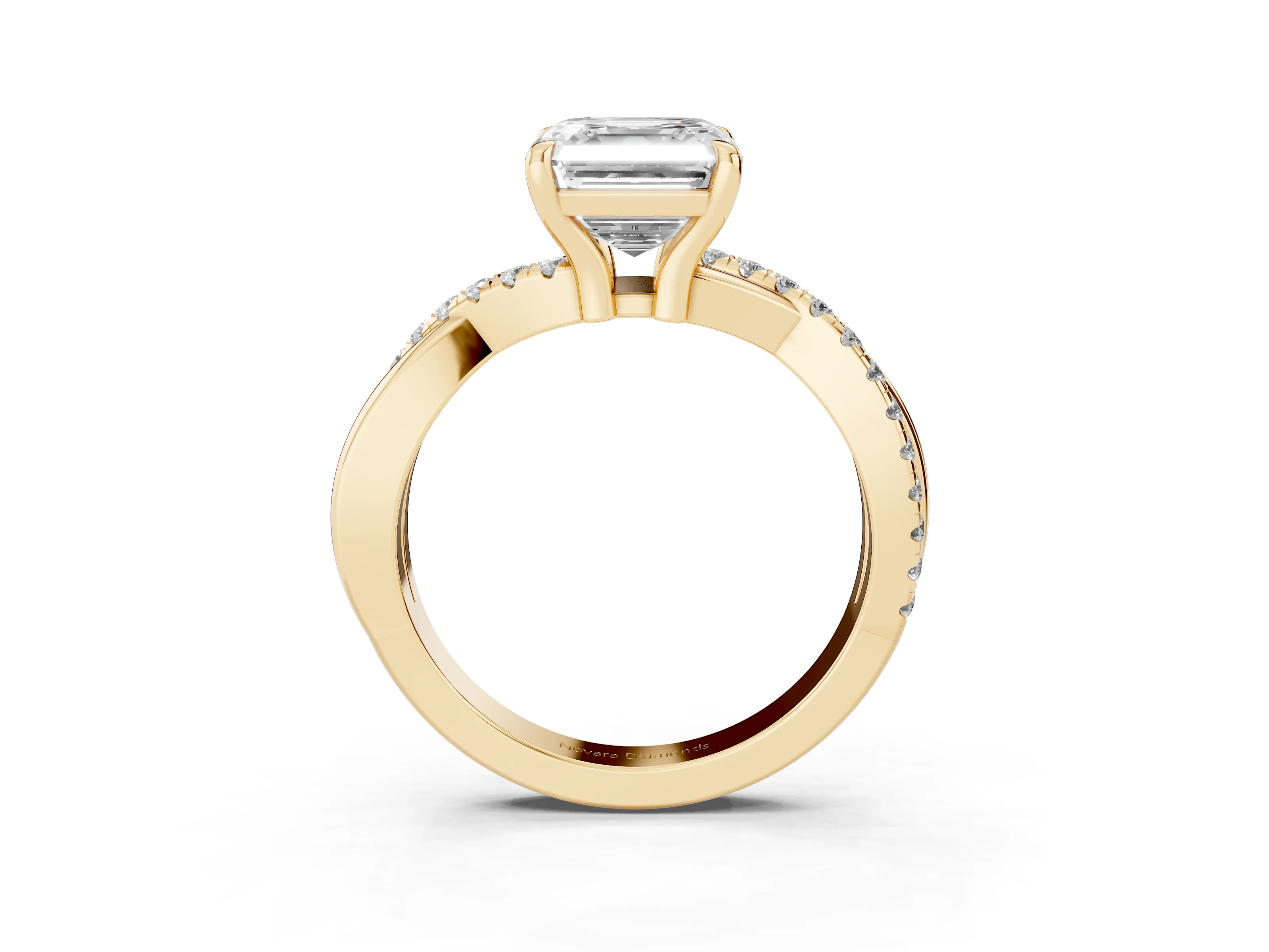Asscher Cut Diamond Twist Band Pavé Solitaire Ring Set in Yellow gold with Prong Setting