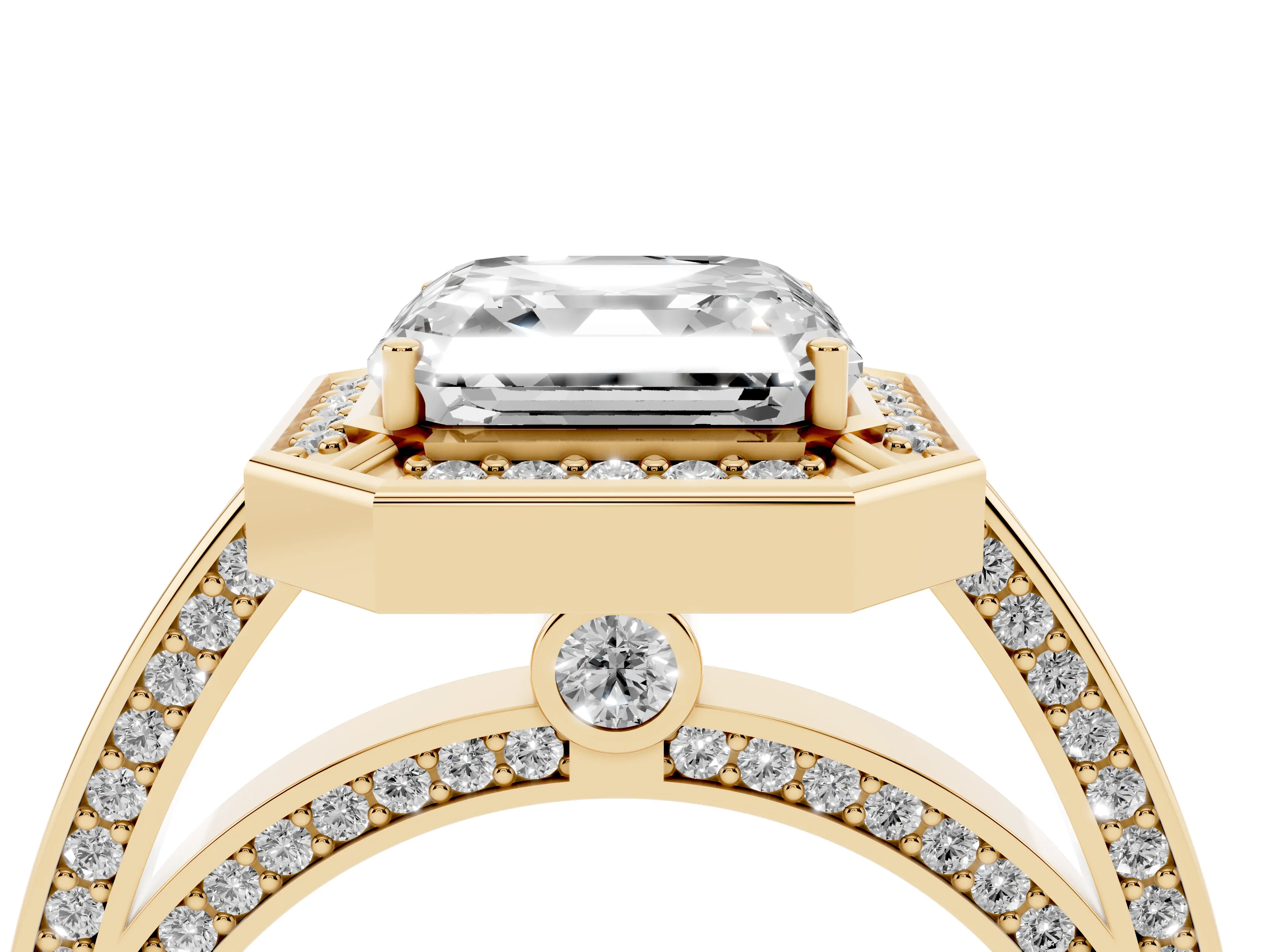 Asscher Cut Diamond Halo Pavé Split Shank Ring Set in Yellow gold with Prong Setting