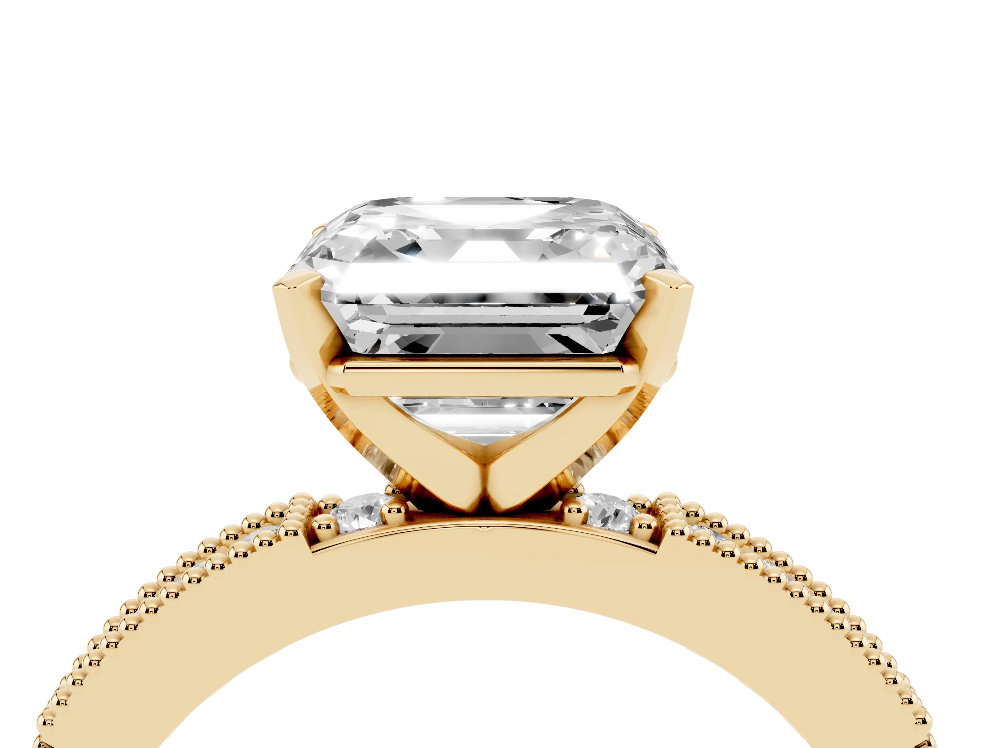 Asscher Cut Diamond Solitaire Ring Set in Yellow gold with Slim Pavé Band and Prong Setting