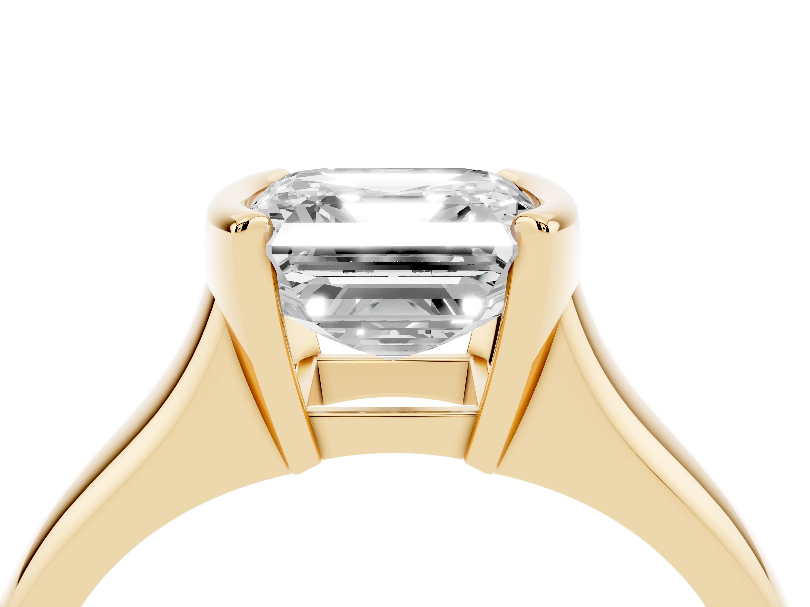 Asscher Cut Diamond Solitaire Tension Set Ring Set in Yellow gold with Split Shank Band