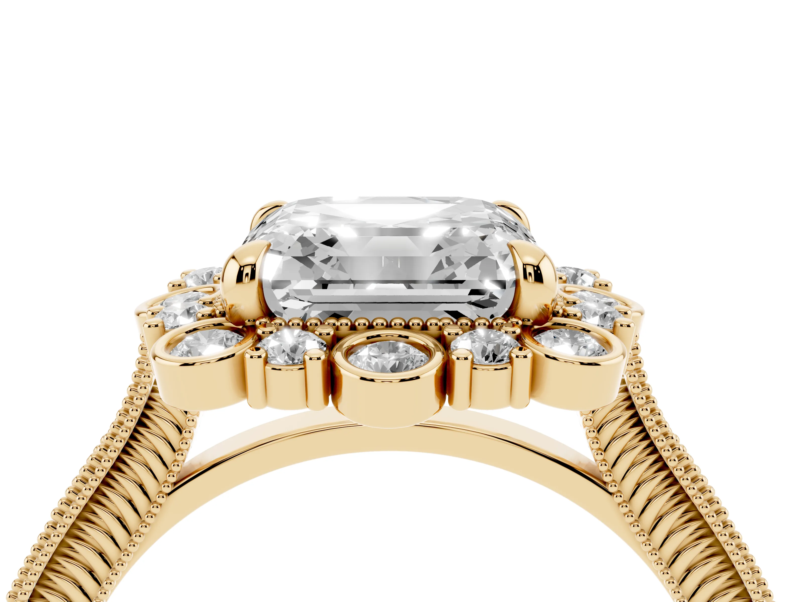 Asscher Cut Diamond Halo Milgrain Pavé Ring Set in Yellow gold with Prong Setting