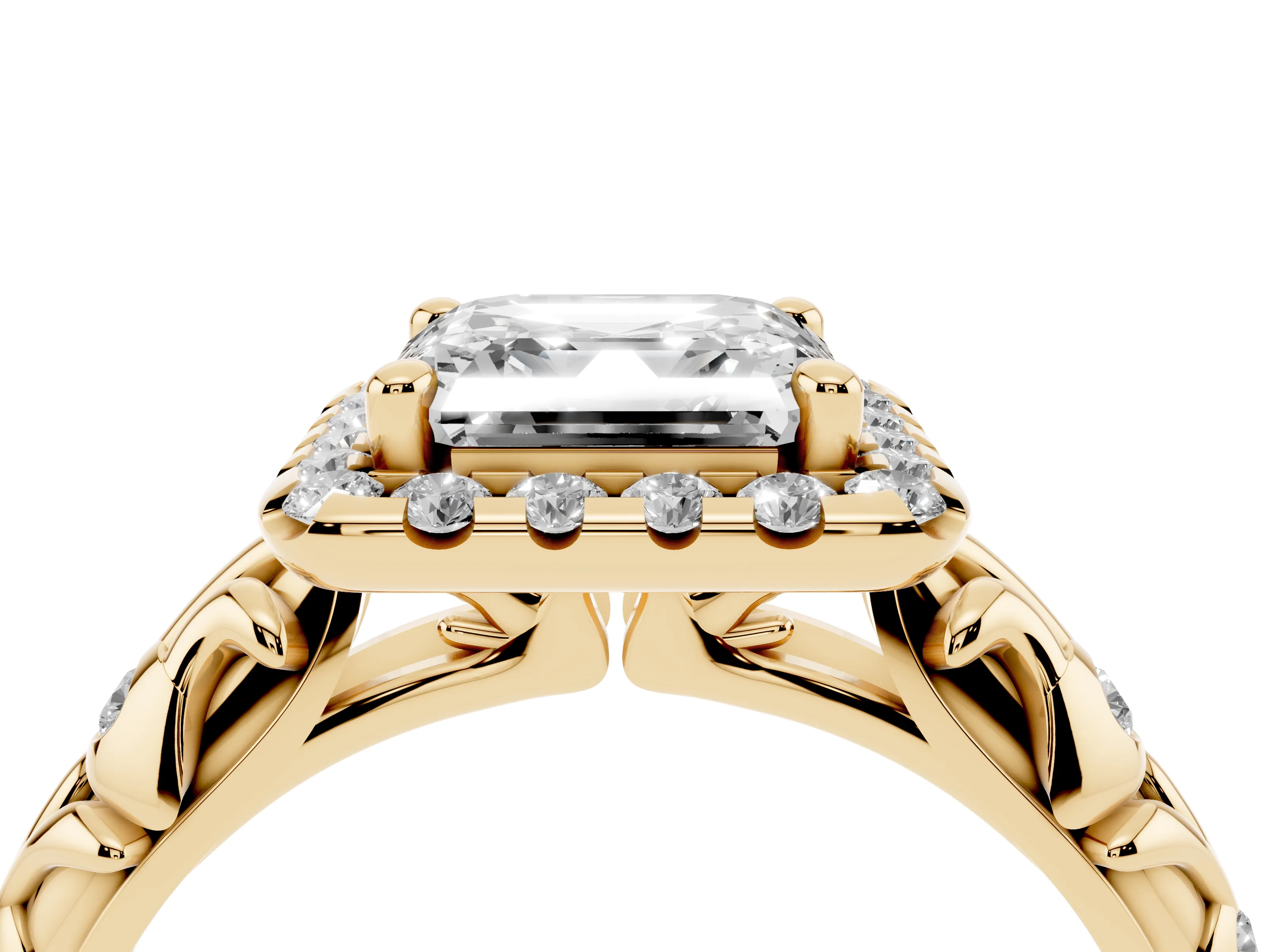 Asscher Cut Diamond Halo Ring Set in Yellow gold with Filigree Leaf Band and Prong Setting