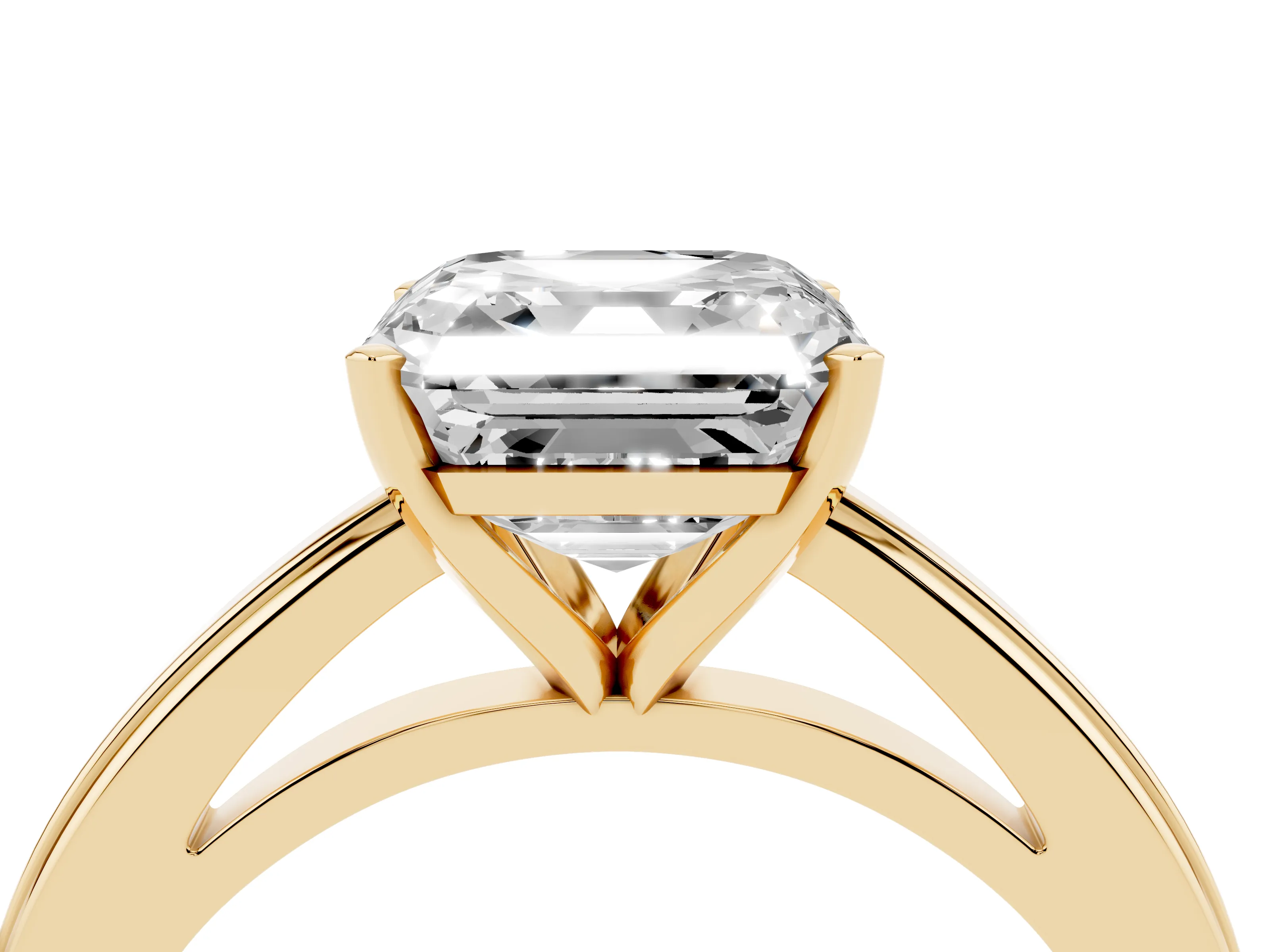 Asscher Cut Diamond Solitaire Ring Set in Yellow gold with Prong Setting and Classic Band