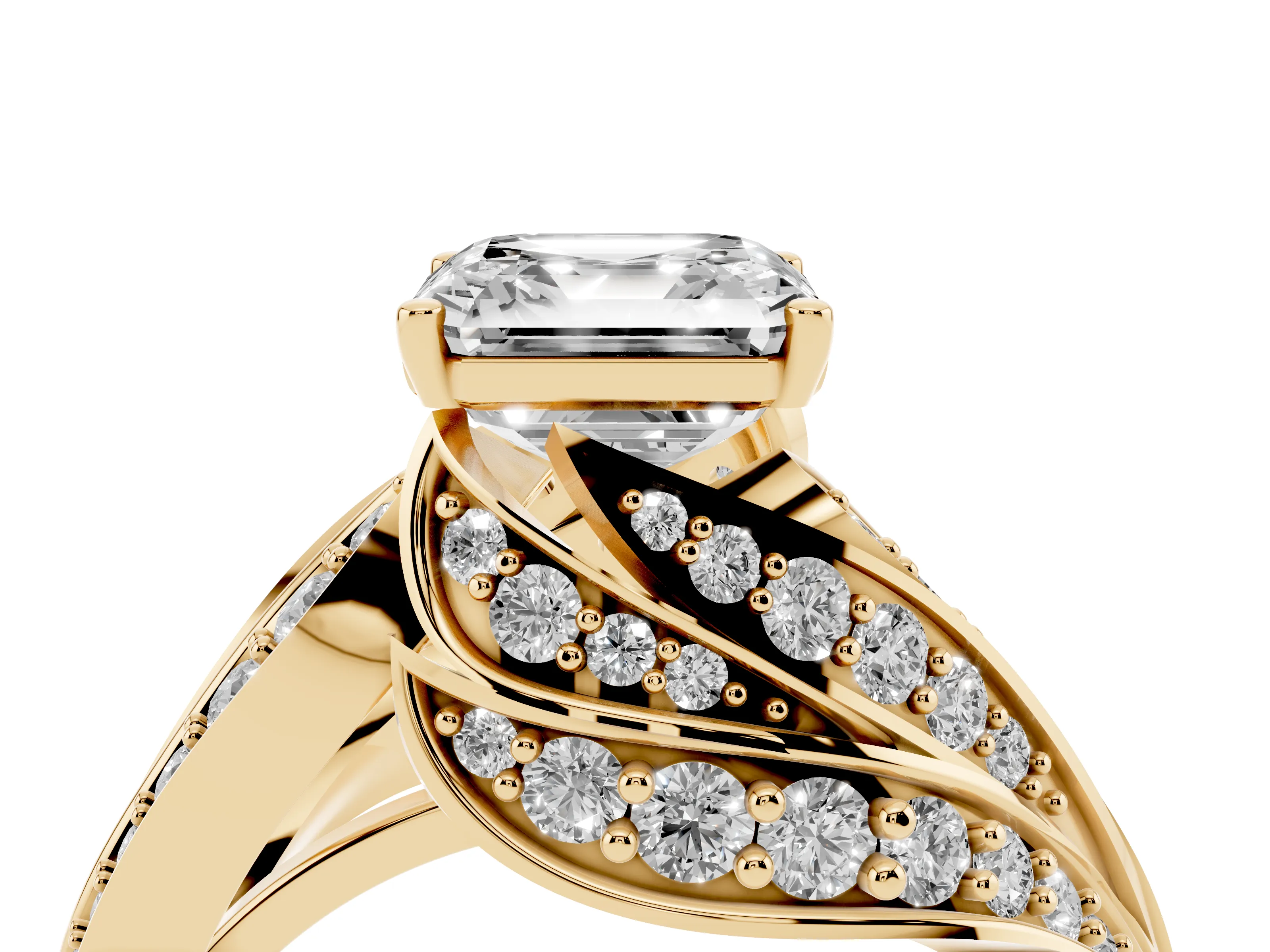 Asscher Cut Diamond Solitaire Ring Set in Yellow gold with Layered Twist Pavé Band