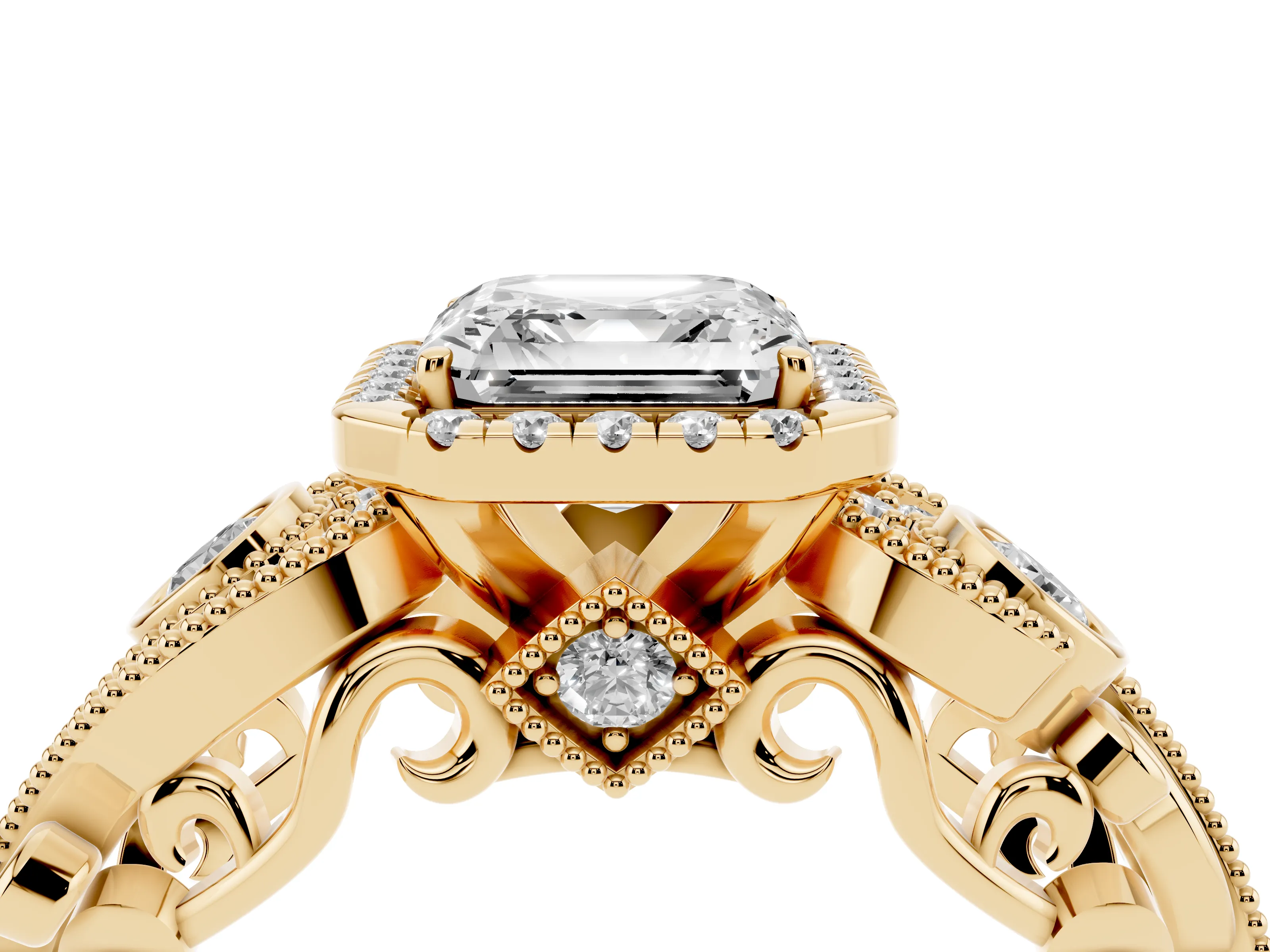Asscher Cut Vintage Milgrain Halo Engagement Ring Setting | Bezel Shoulder Accents | Yellow Gold