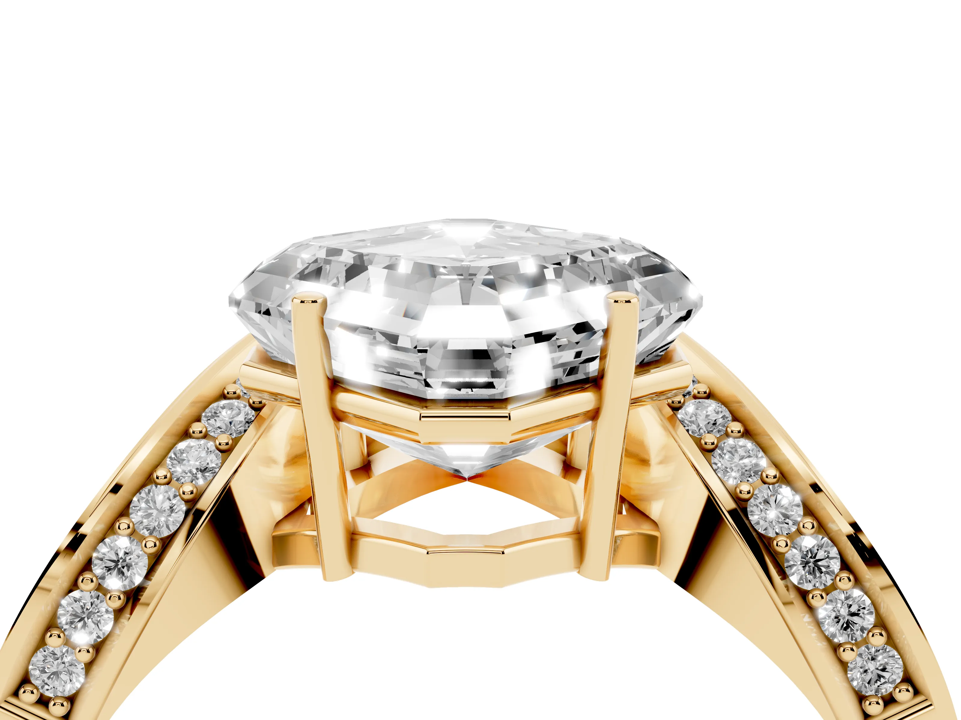 Asscher Cut Diamond Solitaire Engagement Ring Set in Yellow gold with Pavé Shoulders