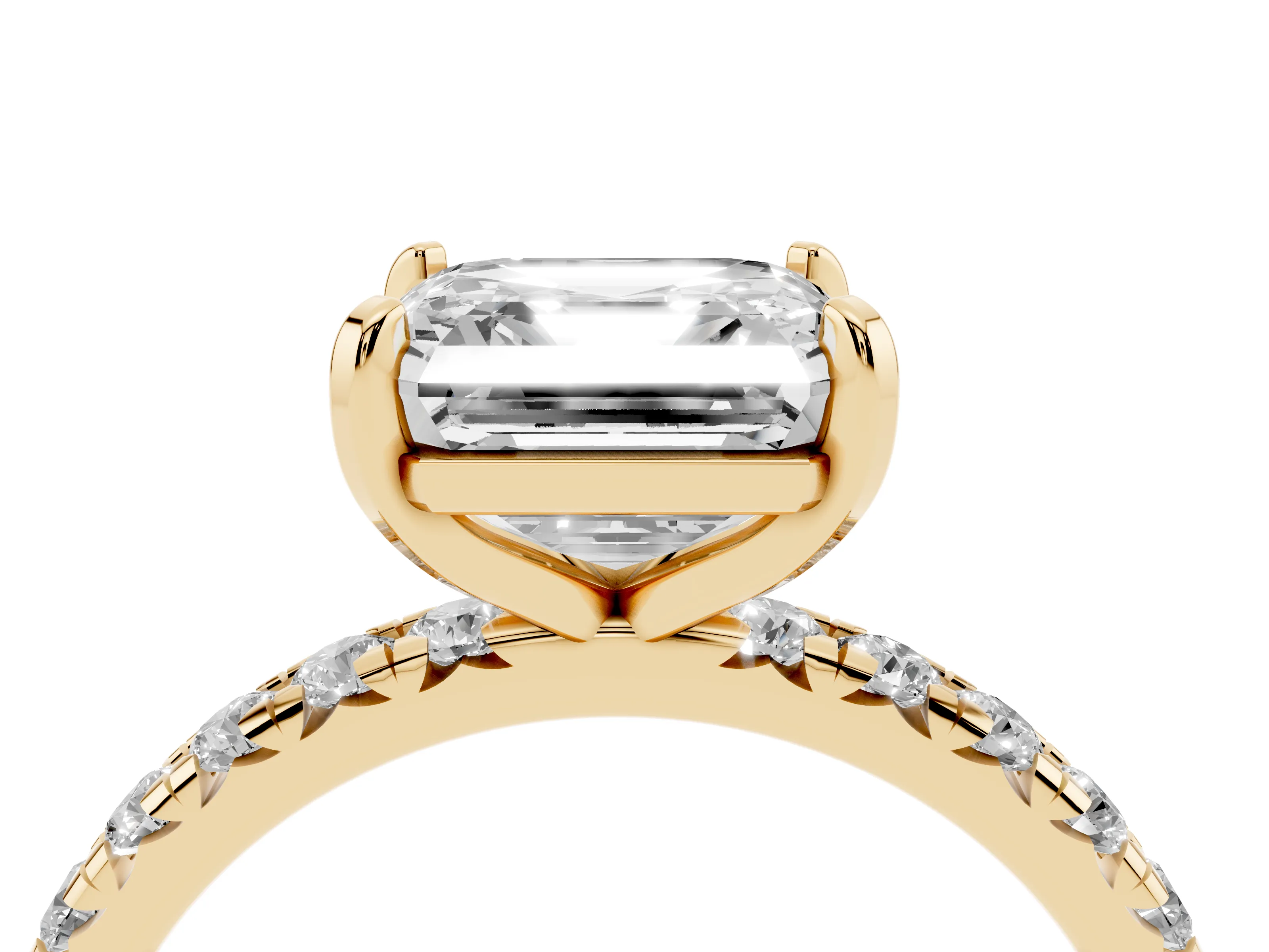 Asscher Cut Diamond Pavé Solitaire Ring Set in Yellow gold with Round Band and Prong Setting