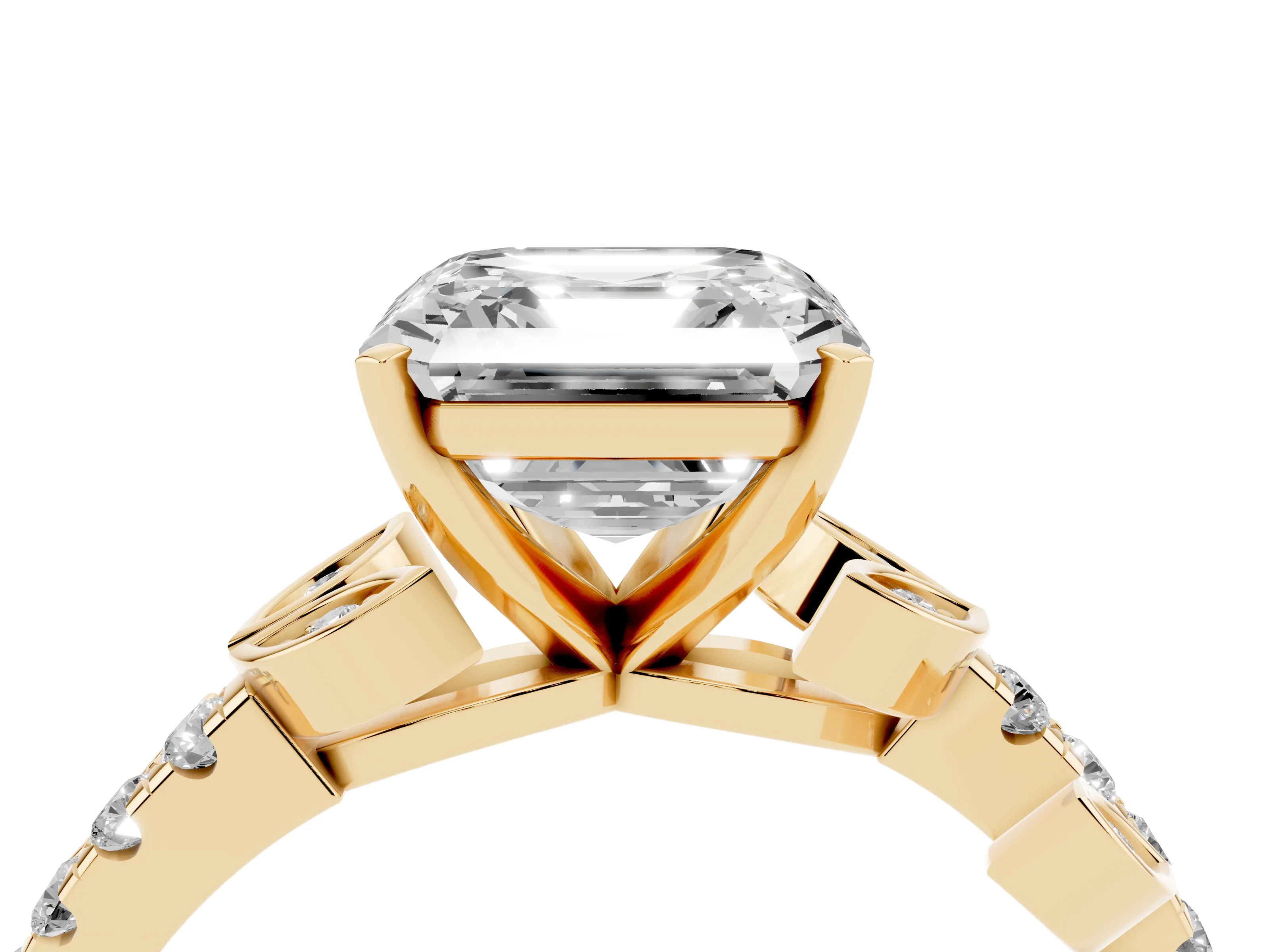 Asscher Cut Diamond Solitaire Leaf-Inspired Ring Set in Yellow gold with Pavé Band and Prong Setting