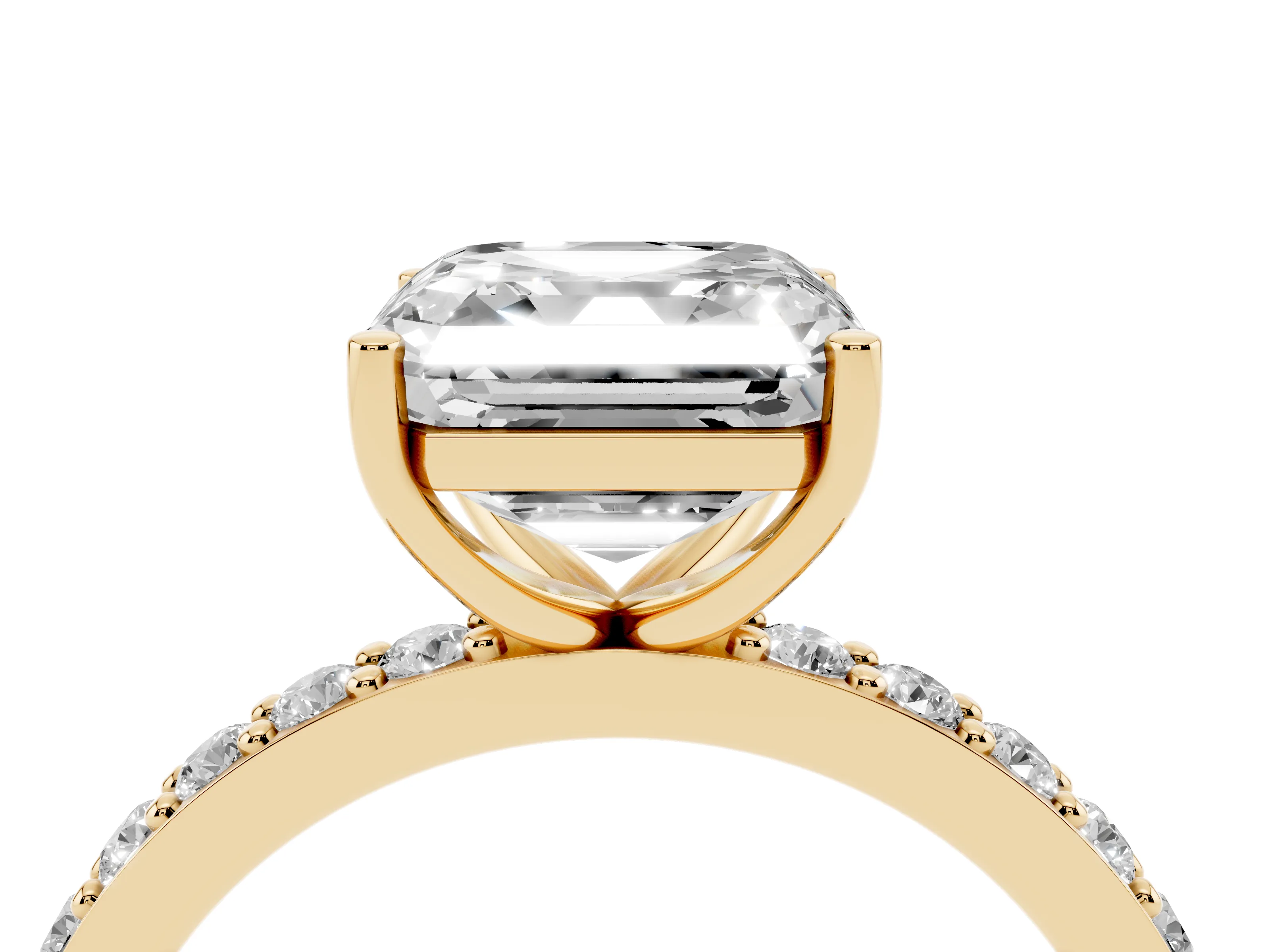 Asscher Cut Diamond Solitaire Set in Yellow gold with Round Pavé Band and Prong Setting