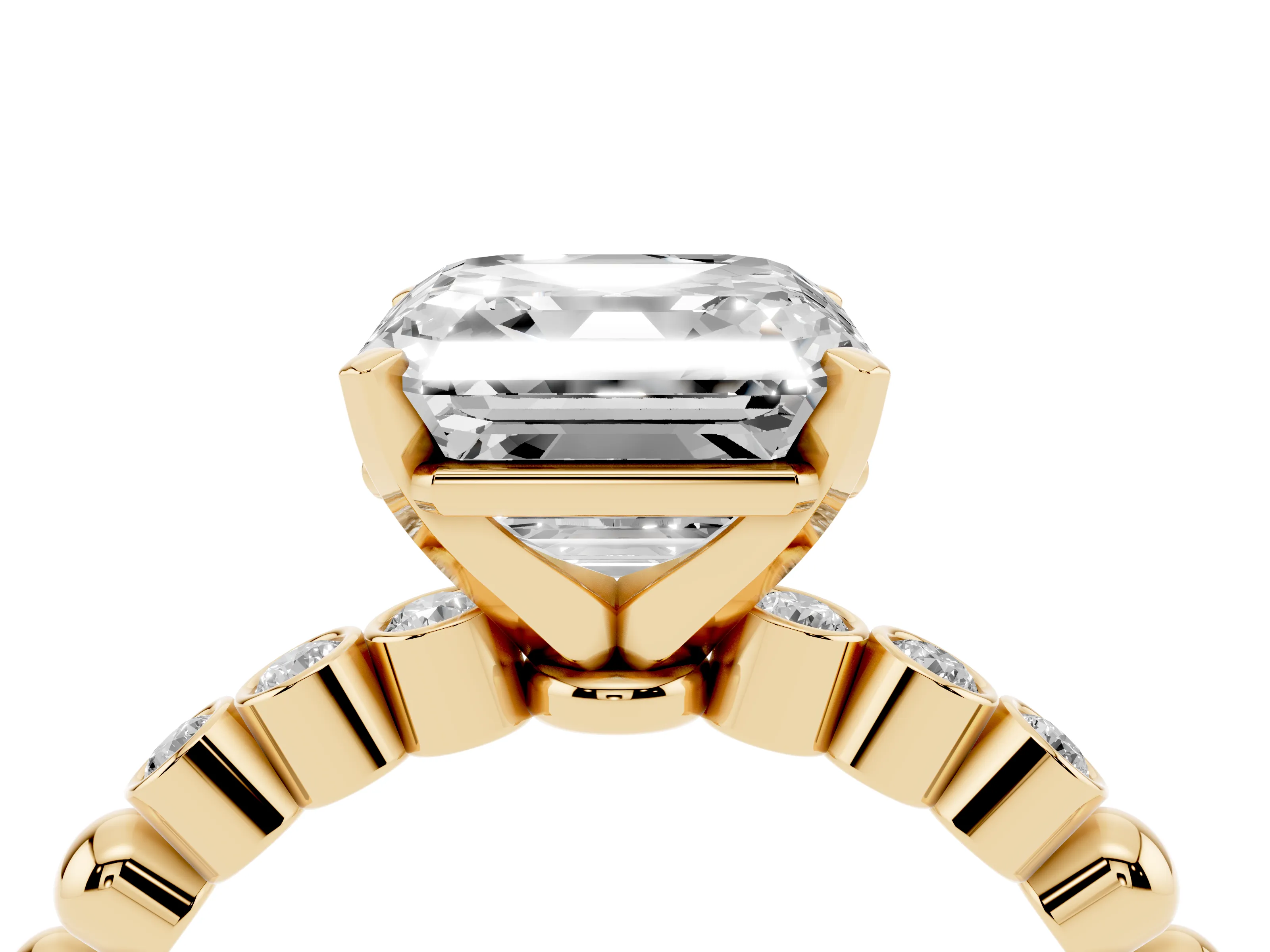 Asscher Cut Diamond Solitaire Engagement Ring Set in Yellow gold with Bezel Accents on Beaded Band