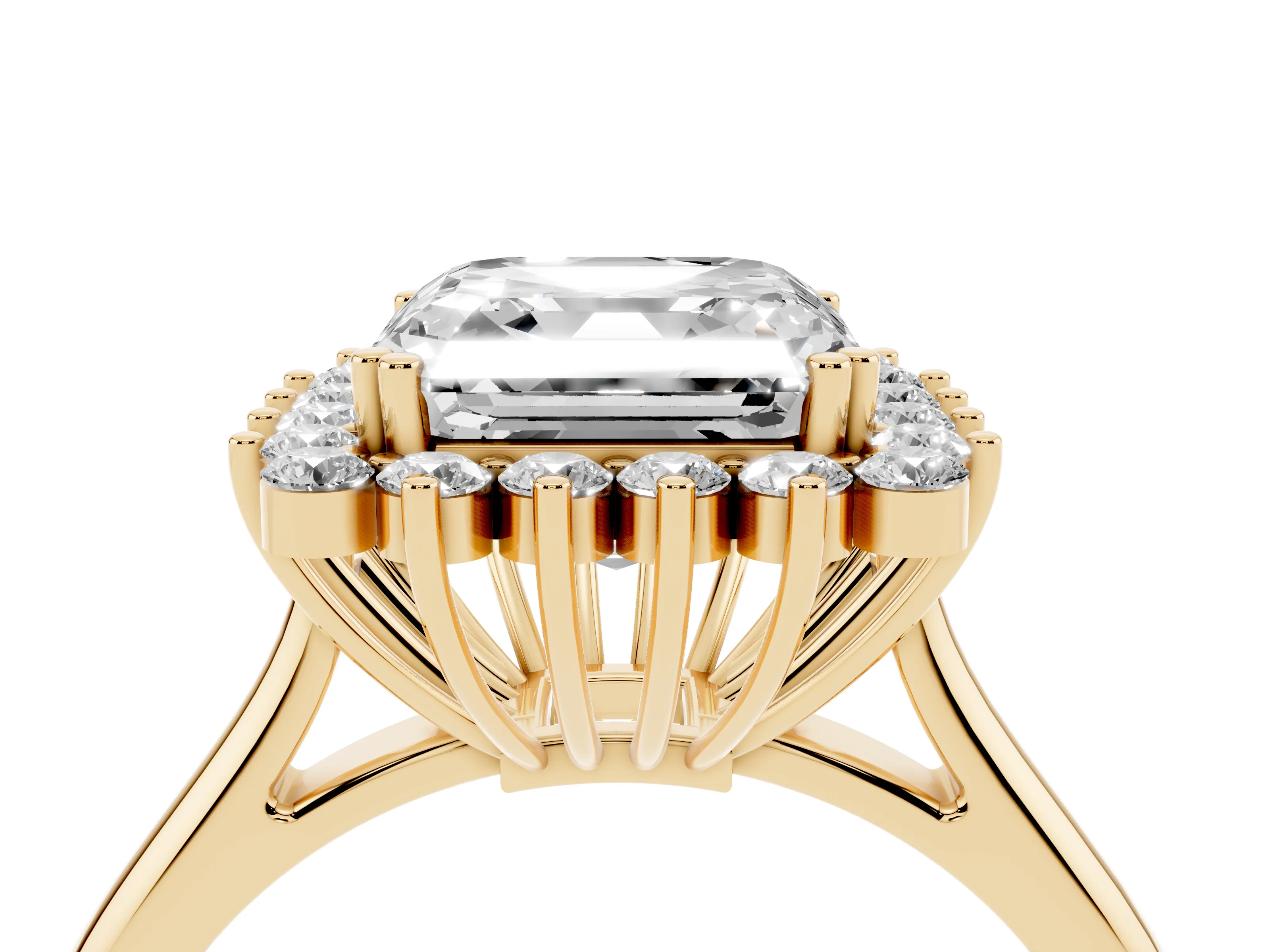 Asscher Cut Diamond Halo Ring Set in Yellow gold with Plain Solitaire Band and Prong Setting