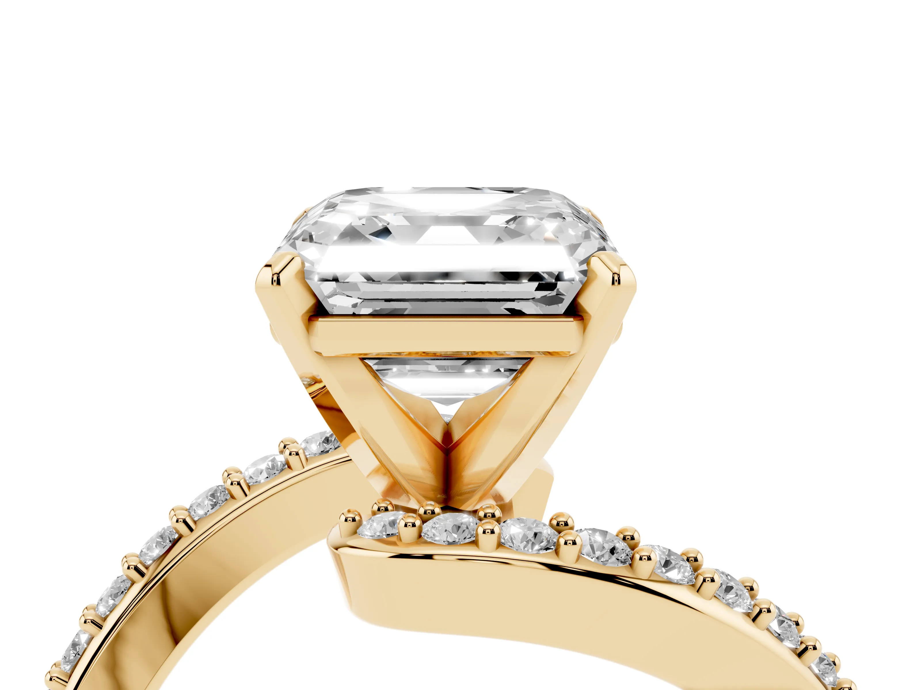 Asscher Cut Diamond Solitaire Ring Set in Yellow gold with Pavé Twist Band and Prong Setting