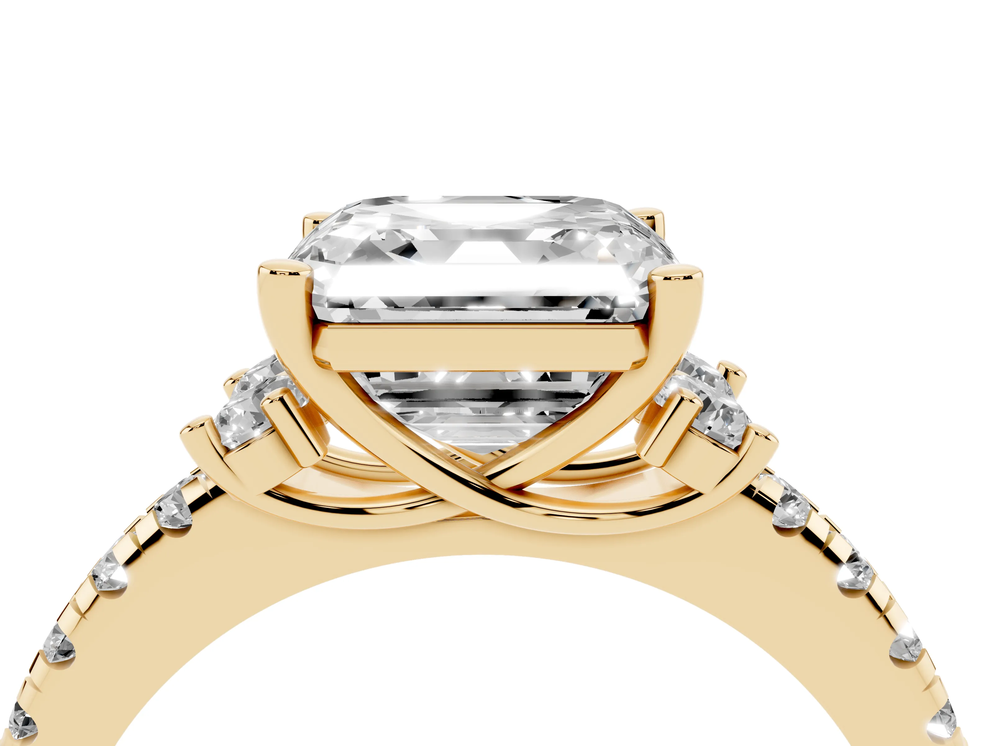Asscher Cut Diamond Three-Stone Pavé Ring Set in Yellow gold with Prong Setting
