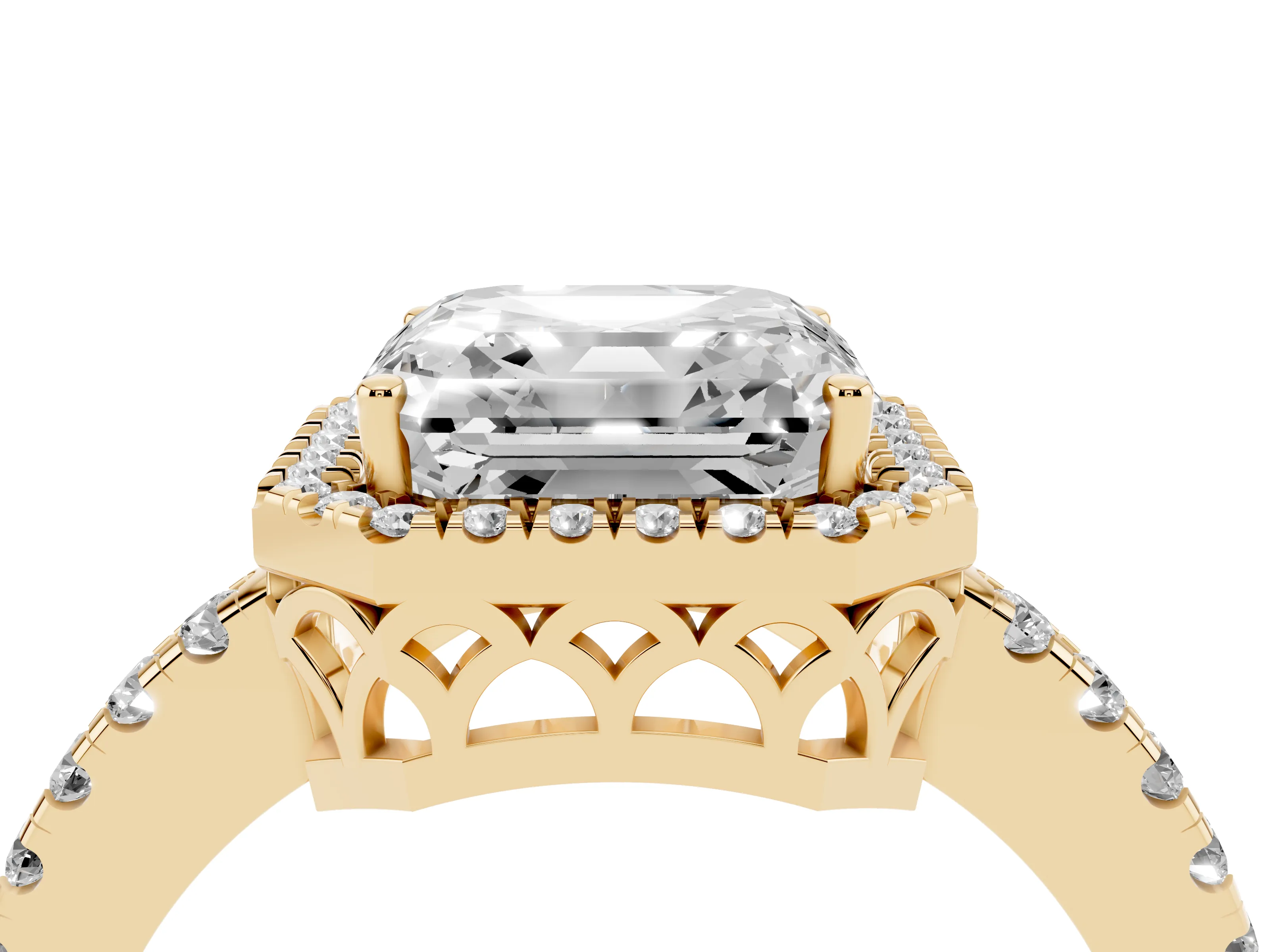 Asscher Cut Diamond Pavé Band Halo Engagement Ring Set in Yellow gold with Prong Setting