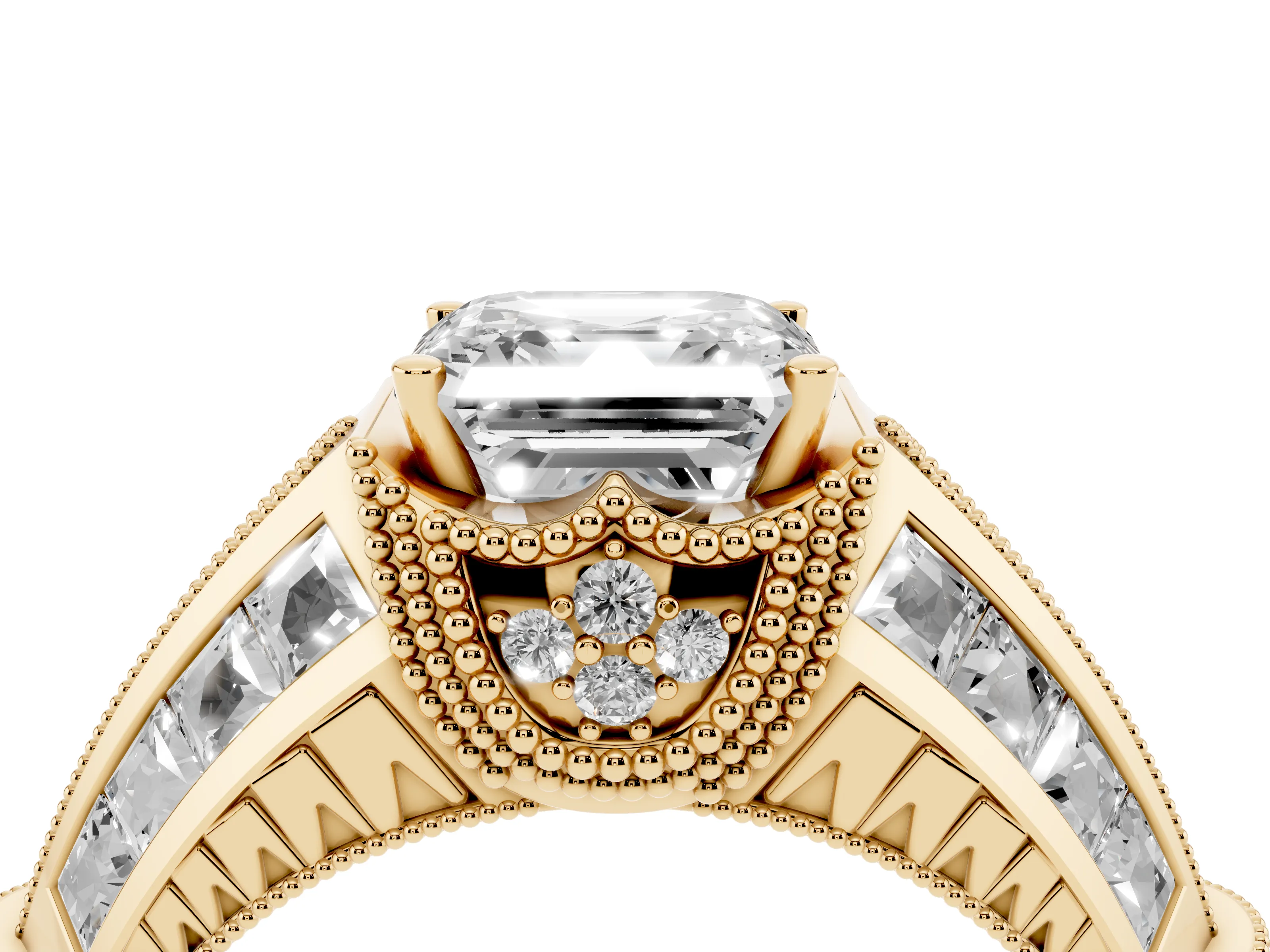 Asscher Cut Diamond Vintage-Inspired Milgrain Ring Set in Yellow gold with Accent Split Shank