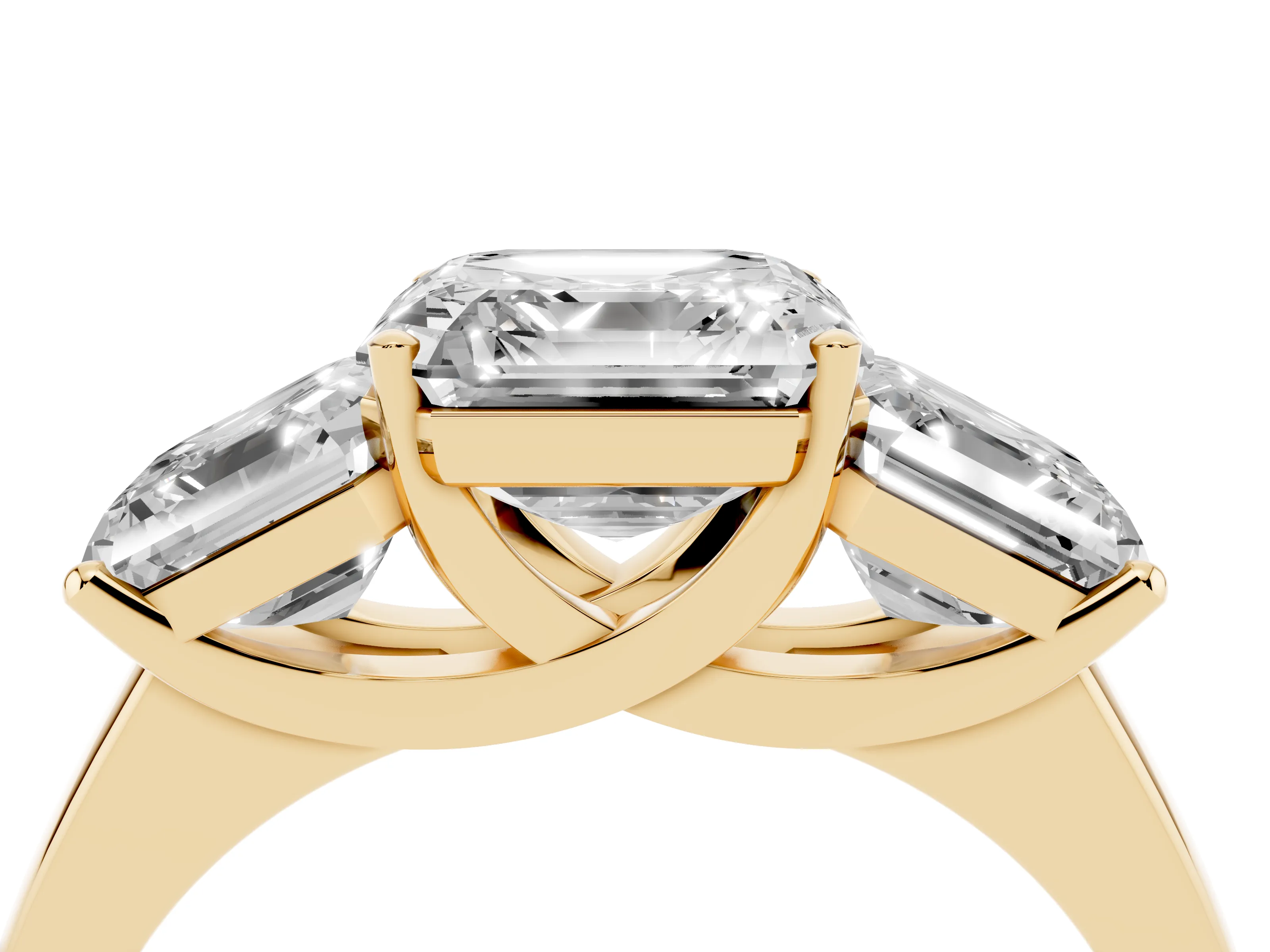 Asscher Cut Diamond Three-Stone Ring Set in Yellow gold with Classic Prong Setting and Plain Band