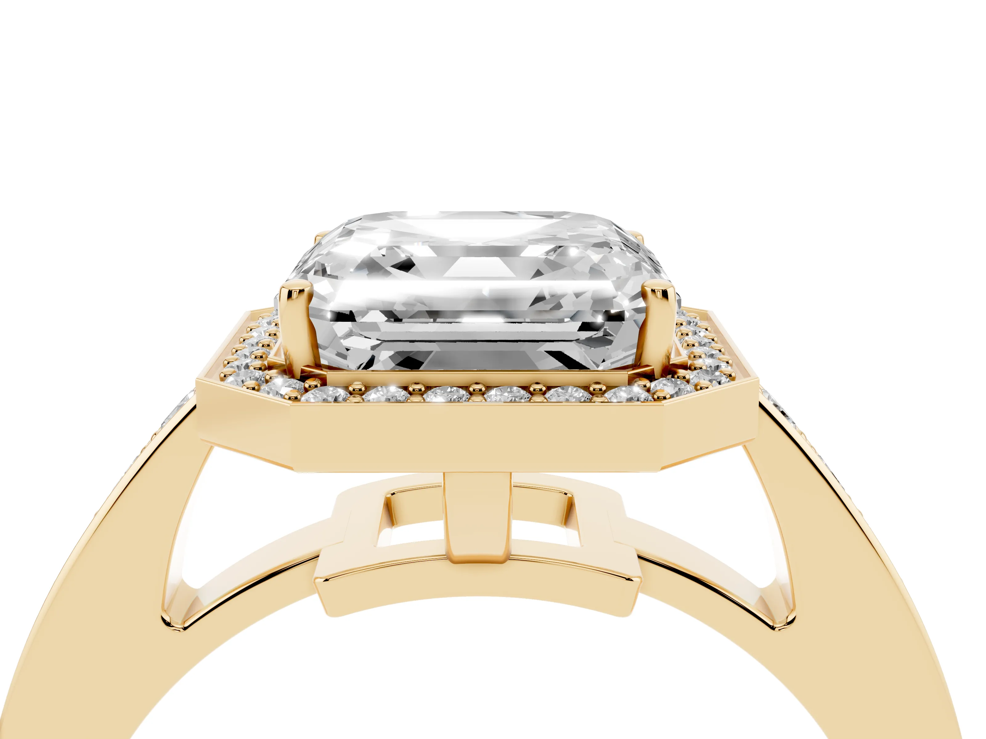 Asscher Cut Diamond Halo Pavé Engagement Ring Set in Yellow gold with Bezel Setting