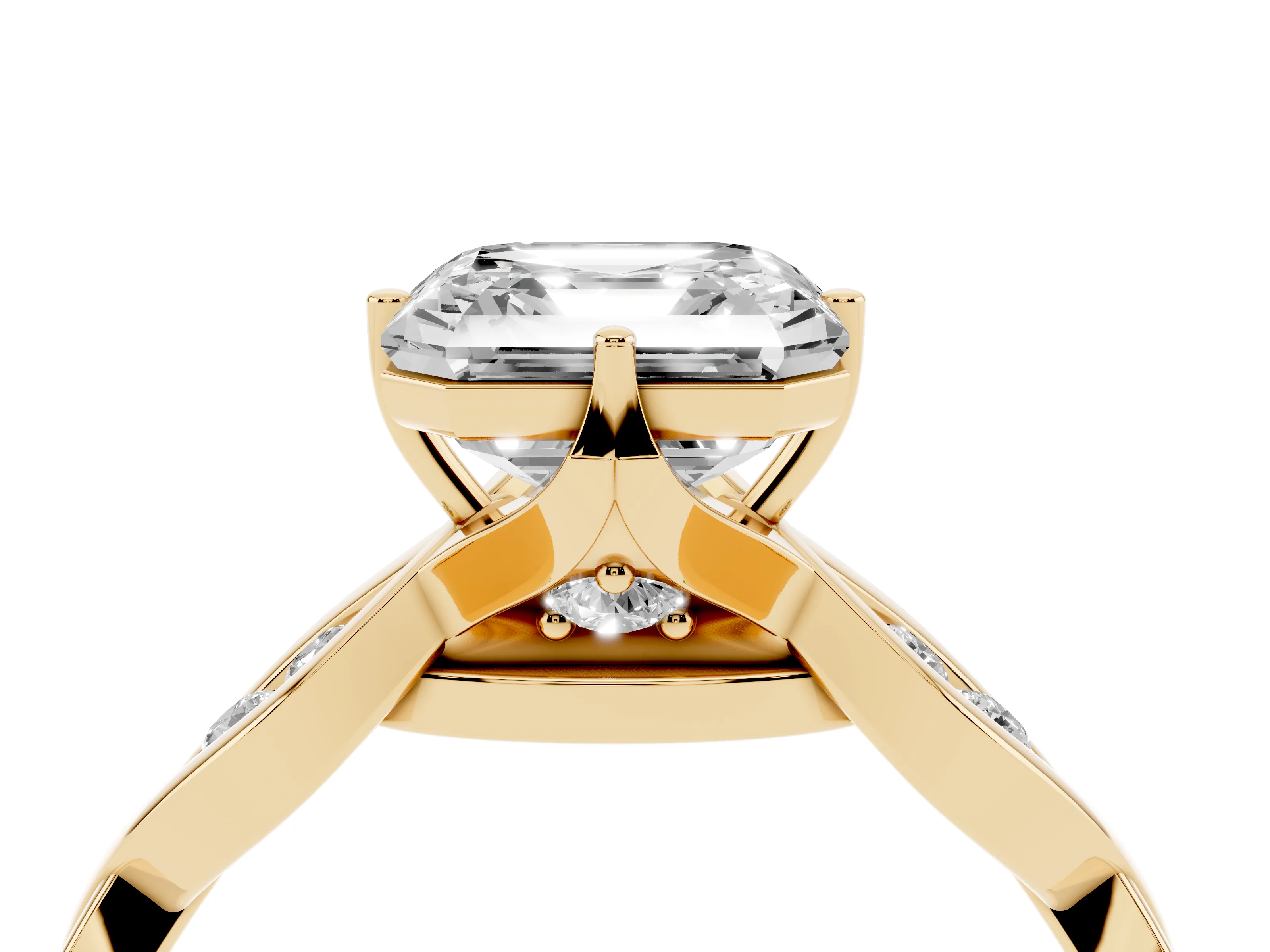 Asscher Cut Diamond Twist Band Solitaire Ring Set in Yellow gold with Leaf Prong Setting and Accent Stones