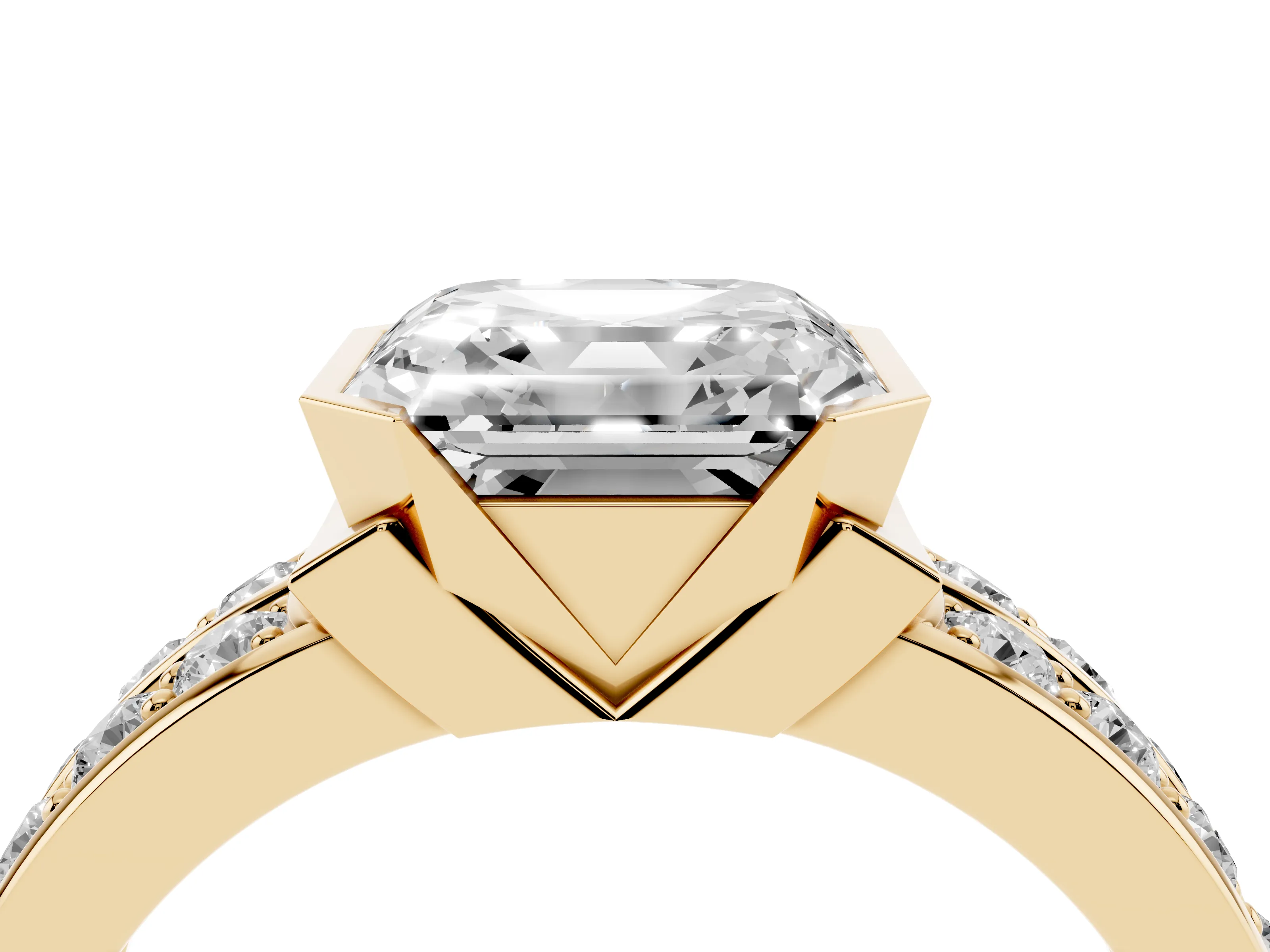 Asscher Cut Diamond Wide Channel Set Band Ring Set in Yellow gold with Bezel Setting