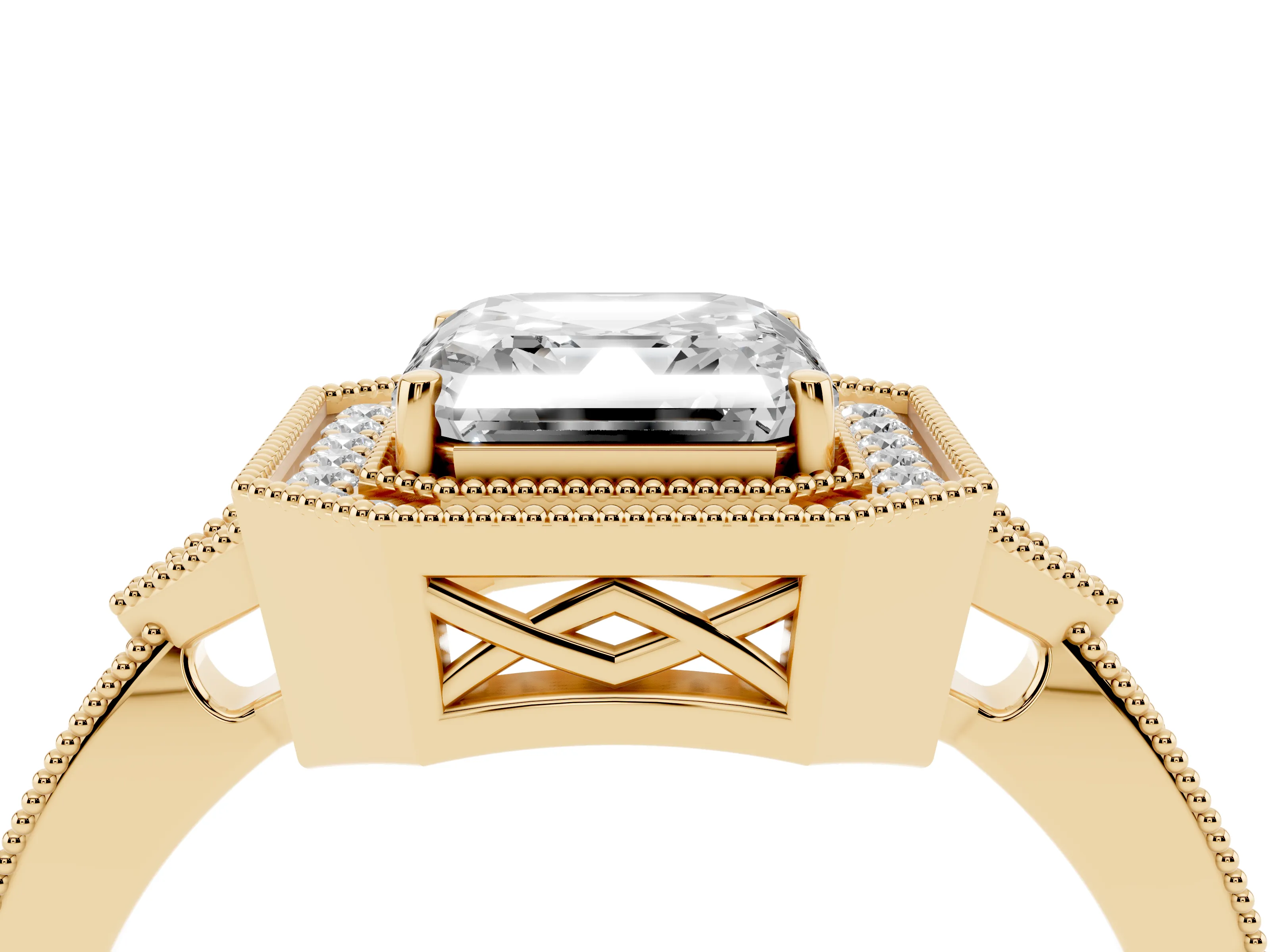 Asscher Cut Diamond Halo Engagement Ring Set in Yellow gold with Milgrain Pavé Band