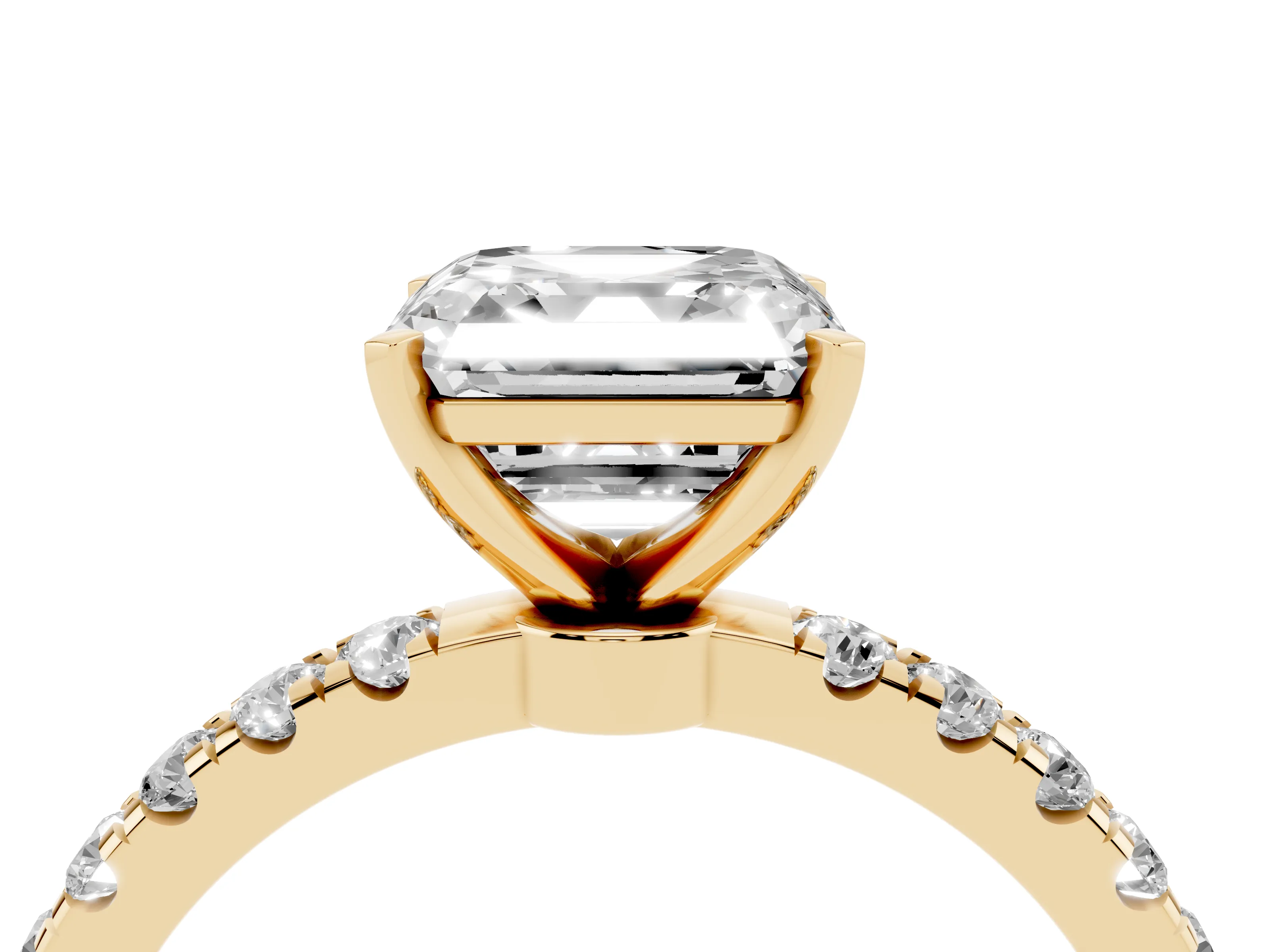Asscher Cut Diamond Solitaire Ring Set in Yellow gold with Pavé Accents and Prong Setting