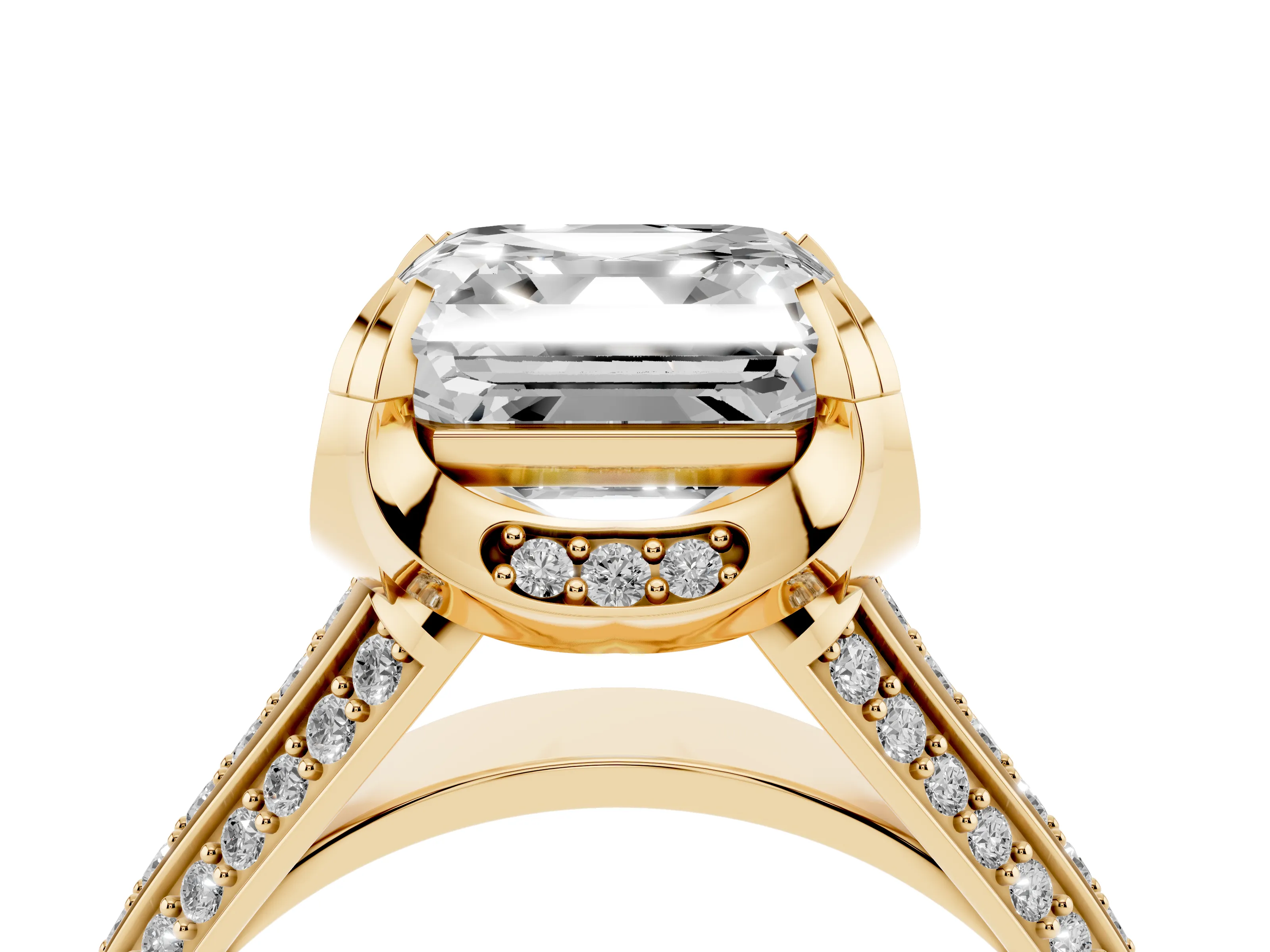 Asscher Cut Diamond Pavé Split Shank Solitaire Ring Set in Yellow gold with Prong Setting
