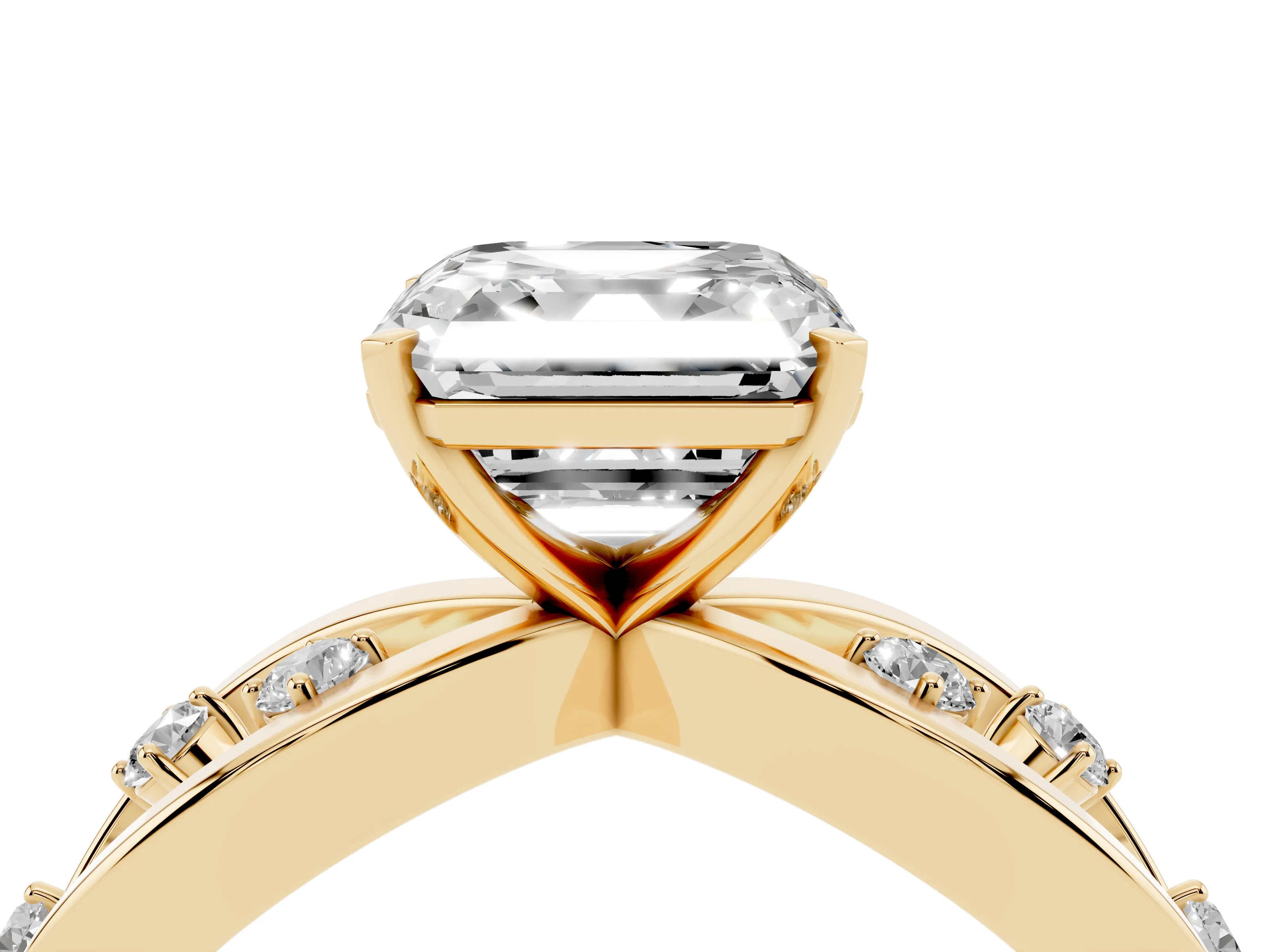 Asscher Cut Diamond Solitaire Ring Set in Yellow gold with Side Stones on Criss-Cross Band and Prong Setting