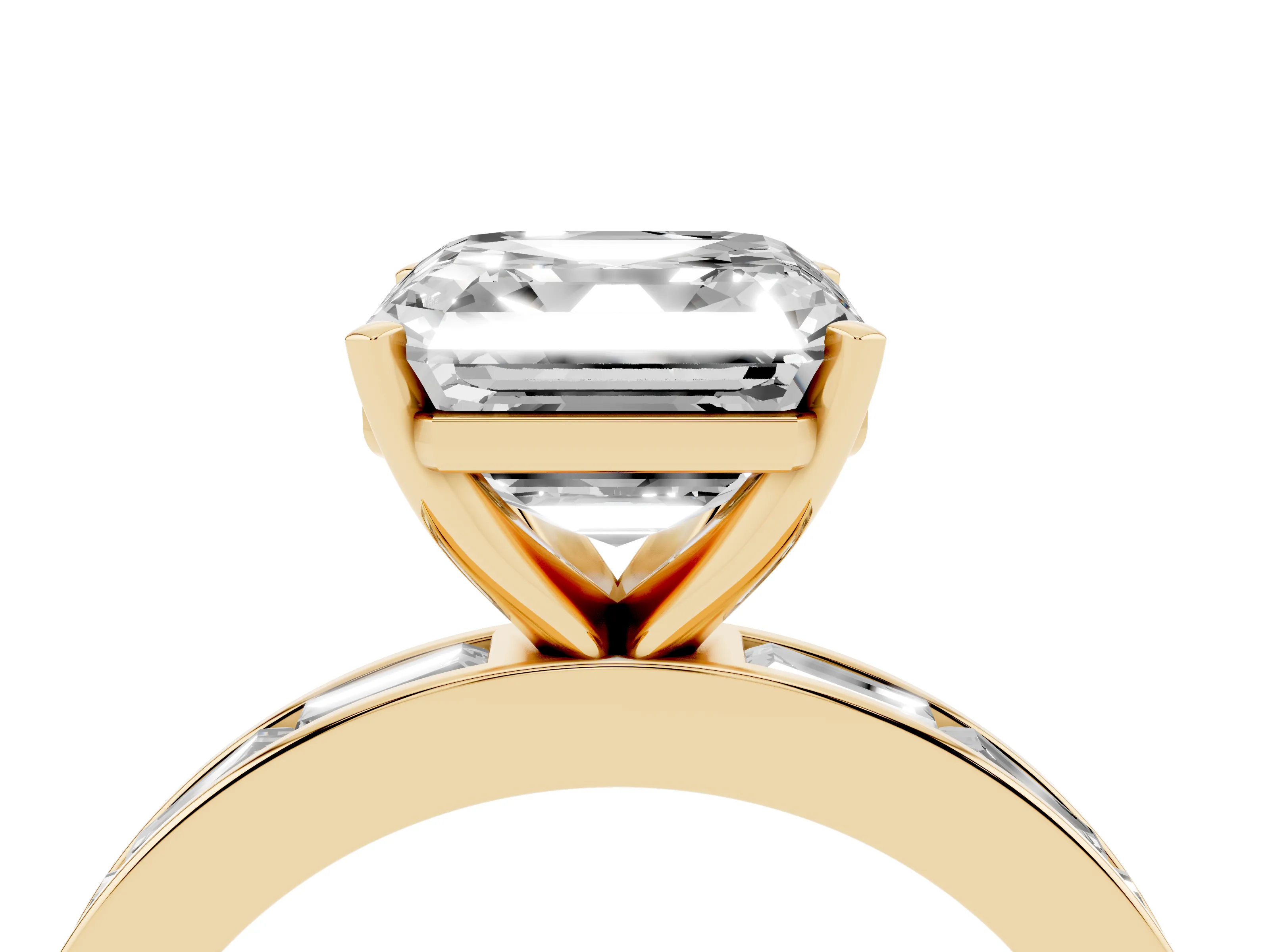 Asscher Cut Diamond Solitaire Ring Set in Yellow gold with Channel-Set Baguette Band and Prong Setting