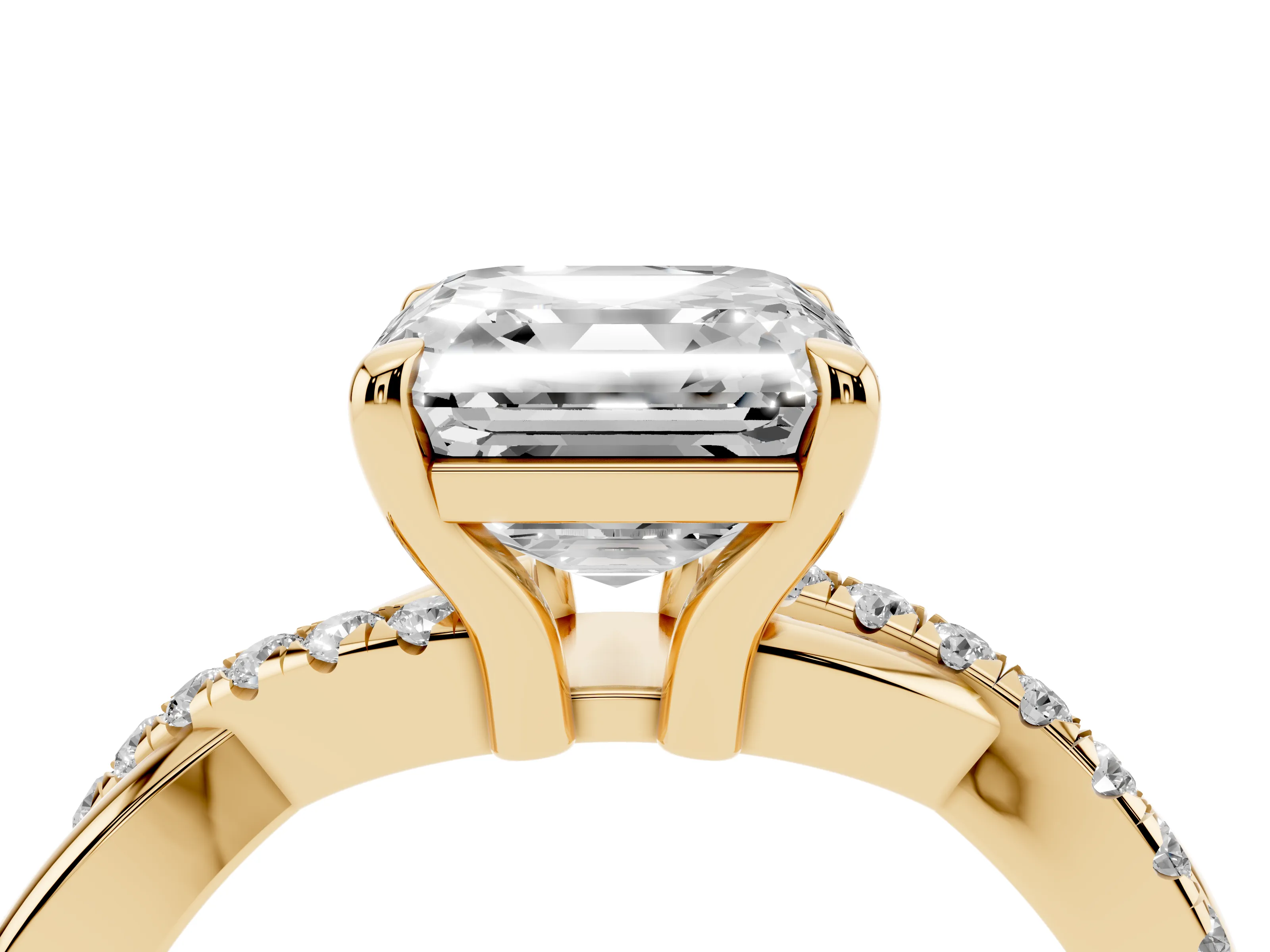 Asscher Cut Diamond Twist Band Pavé Solitaire Ring Set in Yellow gold with Prong Setting