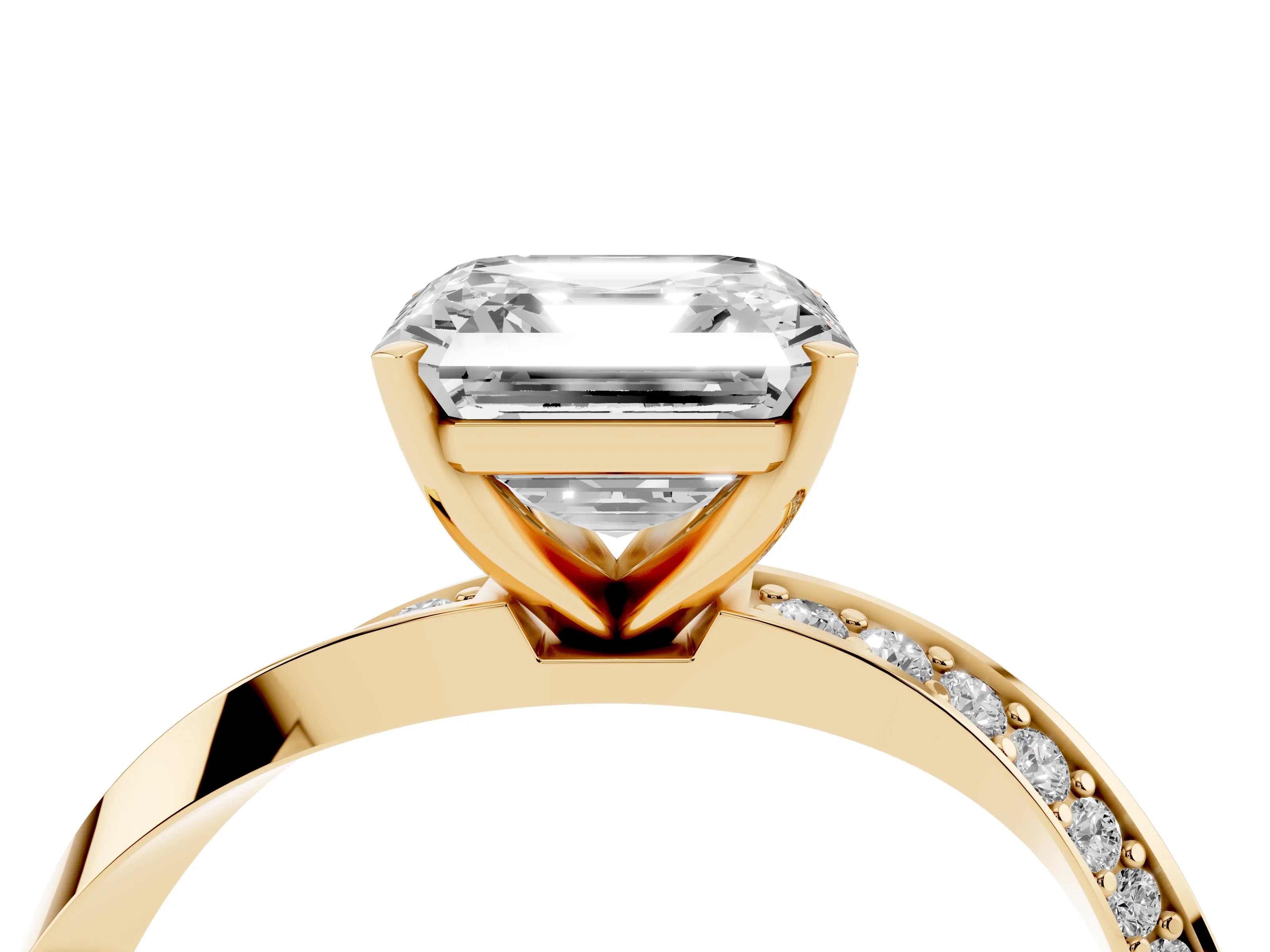 Asscher Cut Diamond Engagement Ring Set in Yellow gold with Side Stone Accents and Prong Setting