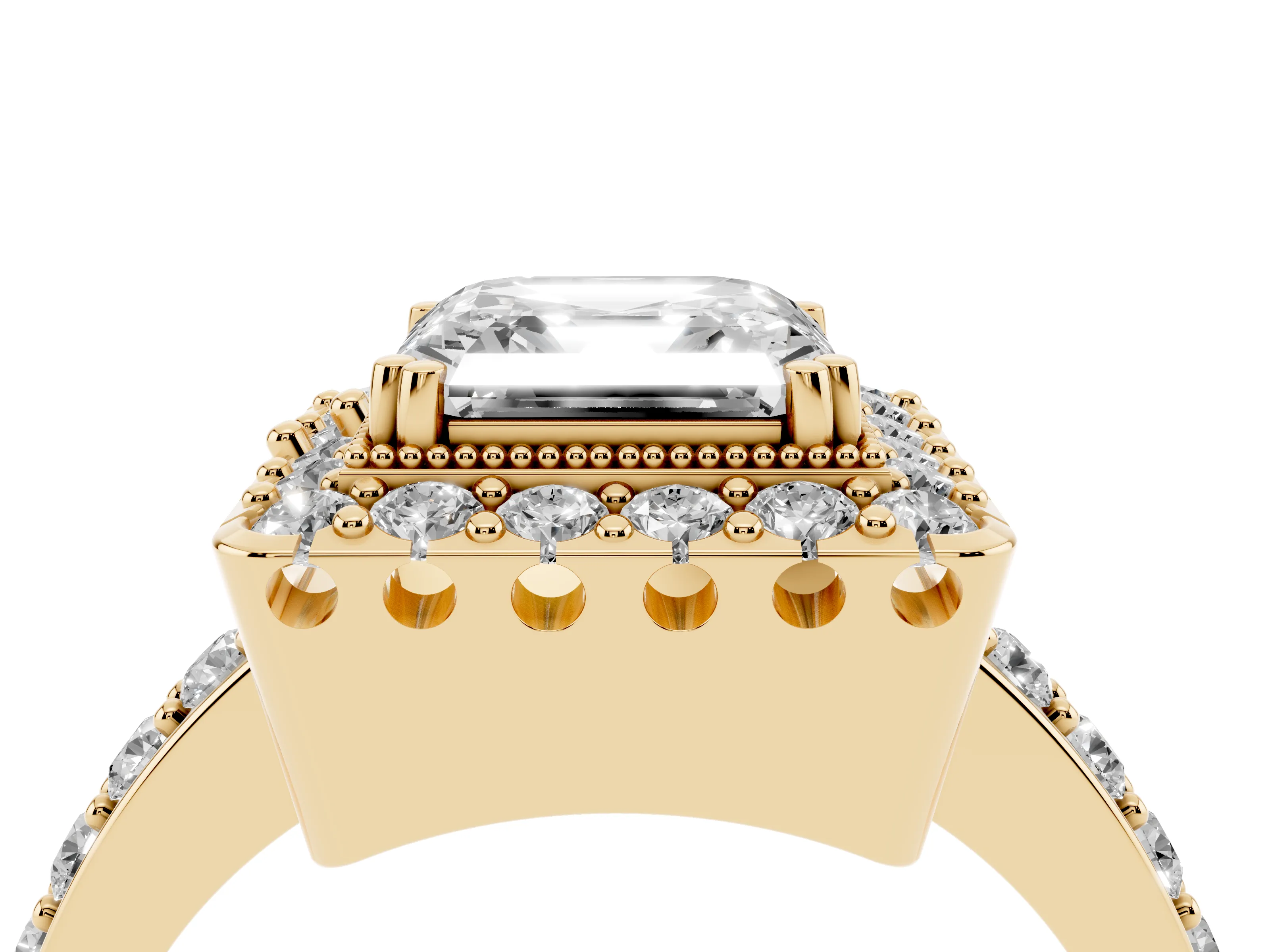 Asscher Cut Diamond Halo Ring Set in Yellow gold with Pavé Shank and Prong Setting