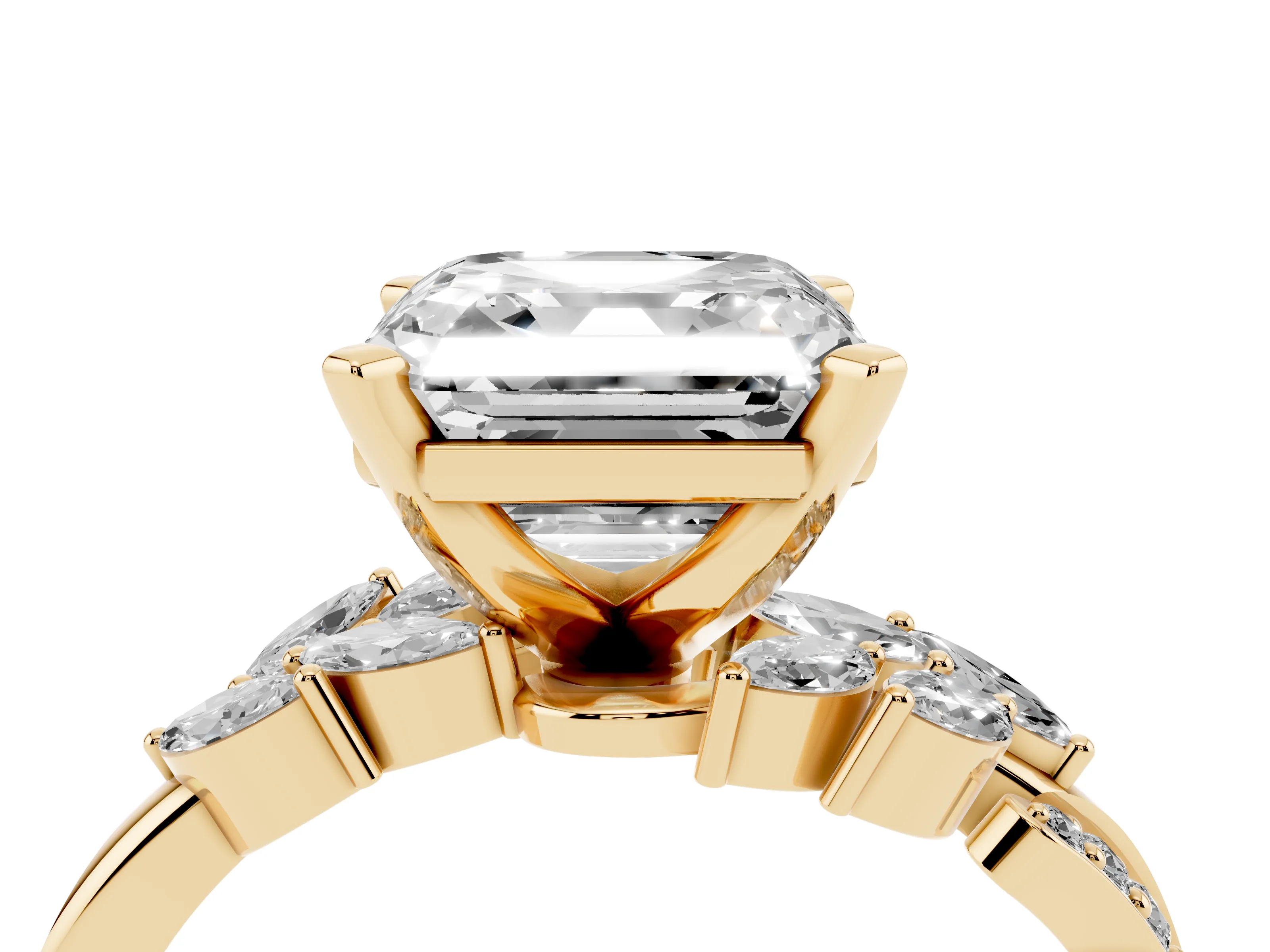 Asscher Cut Diamond Solitaire Ring Set in Yellow gold with Marquise Twist Band and Prong Setting