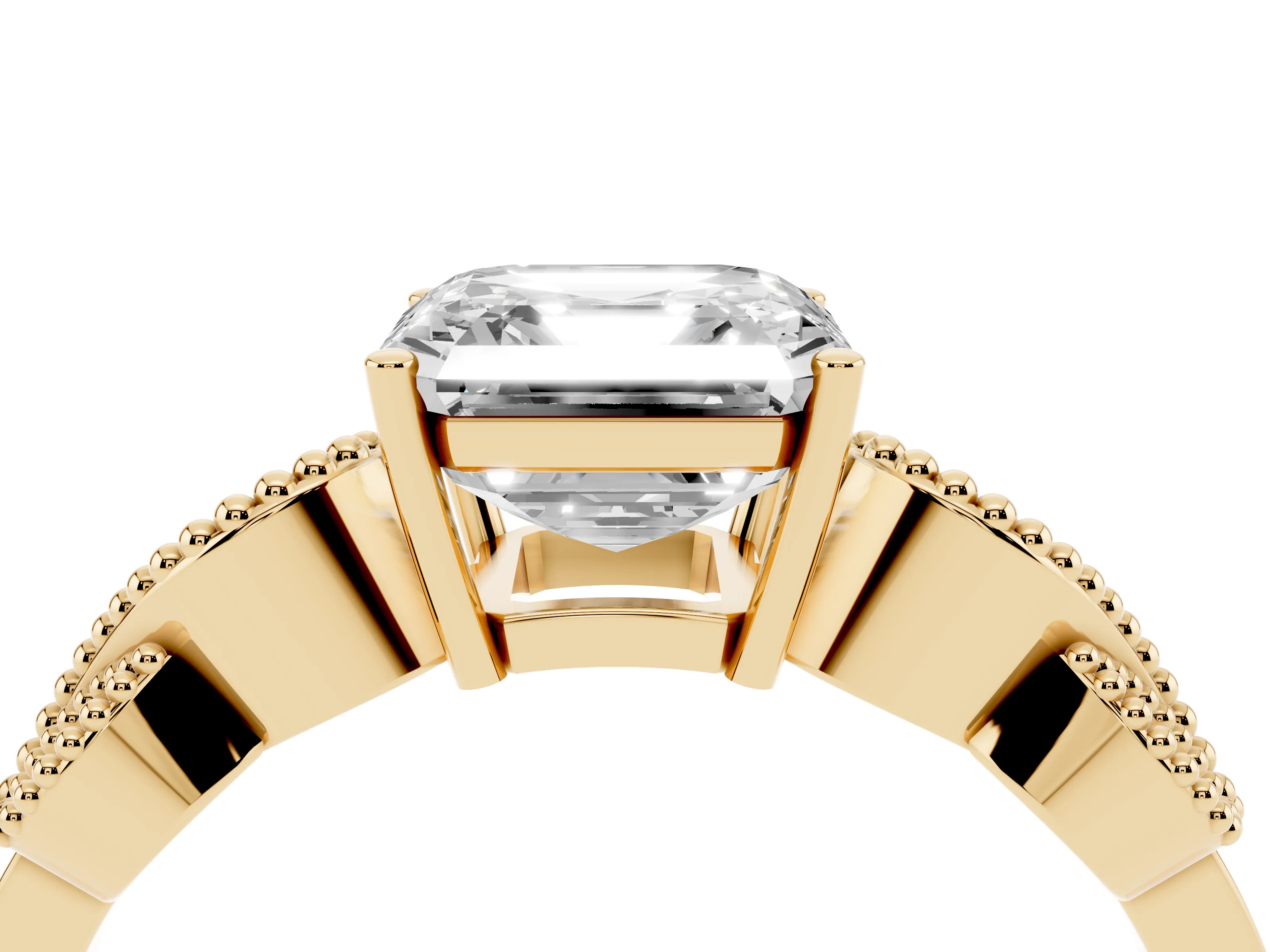 Asscher Cut Diamond Milgrain Leaf Band Solitaire Ring Set in Yellow gold with Accent Stones and Prong Setting
