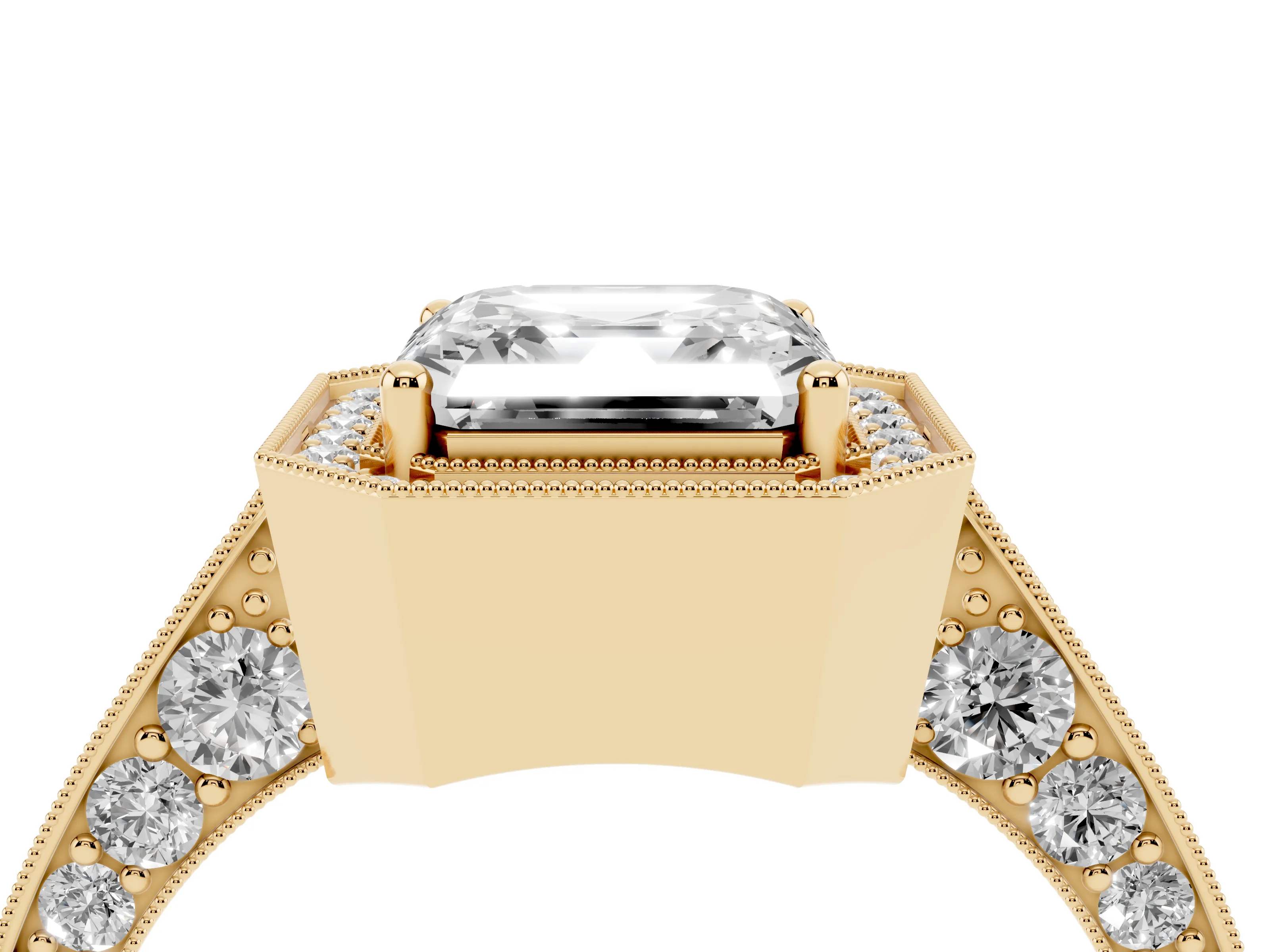 Asscher Cut Diamond Halo Engagement Ring Set in Yellow gold with Accent Split Shank Band