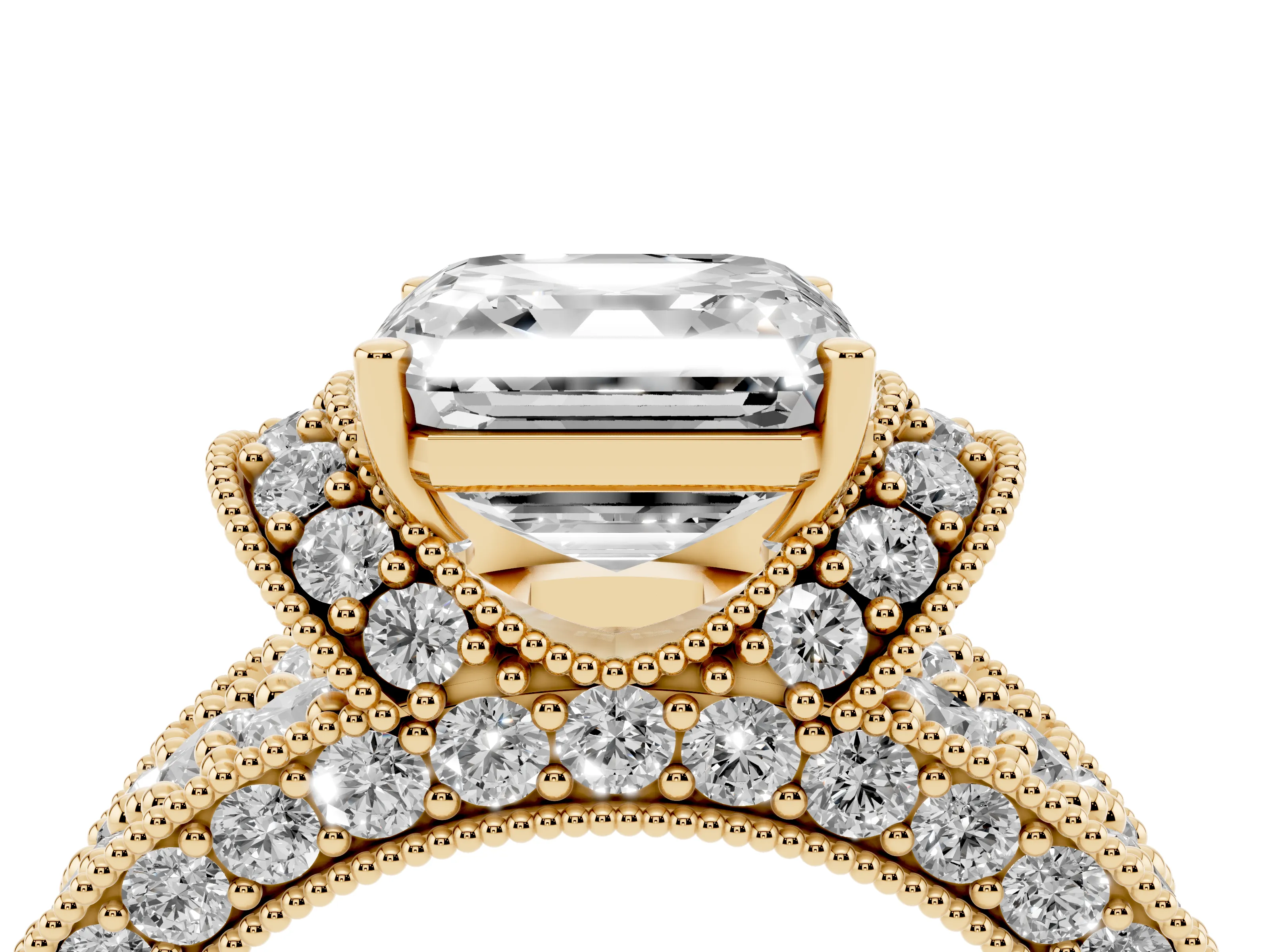 Asscher Cut Diamond Milgrain Halo Pavé Engagement Ring Set in Yellow gold with Prong Setting