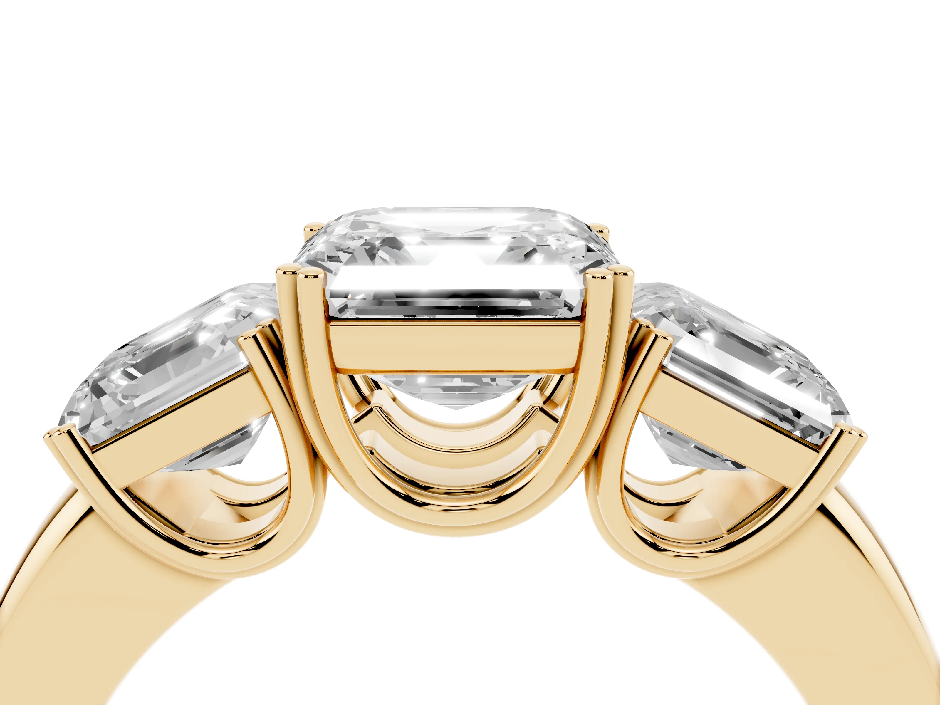 Asscher Cut Diamond Three-Stone Ring Set in Yellow gold with Polished Band and Prong Setting