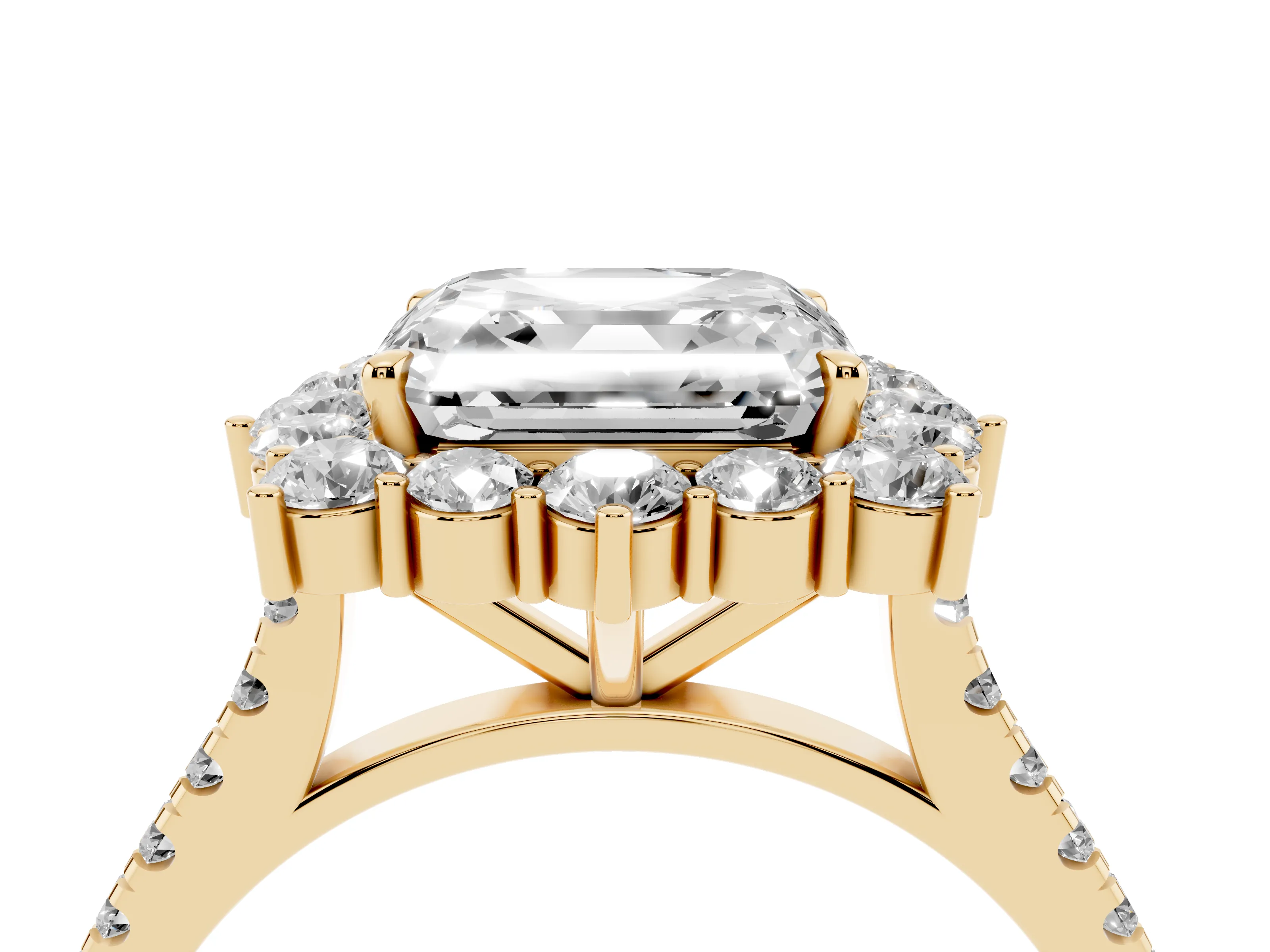 Asscher Cut Diamond Halo Ring Set in Yellow gold with Pavé Band and Prong Setting