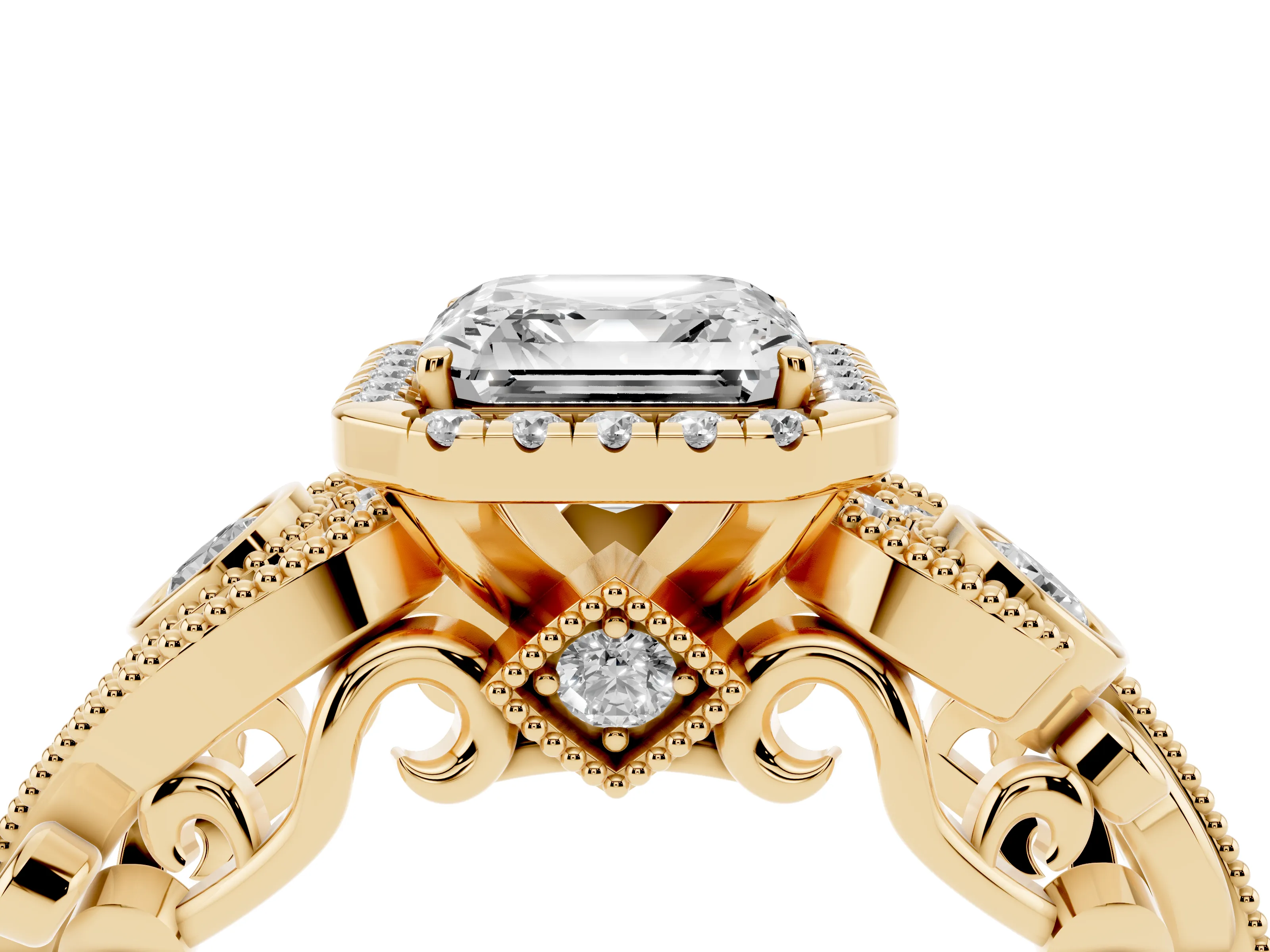 Asscher Cut Diamond Halo Ring Set in Yellow gold with Milgrain Pavé Band and Prong Setting