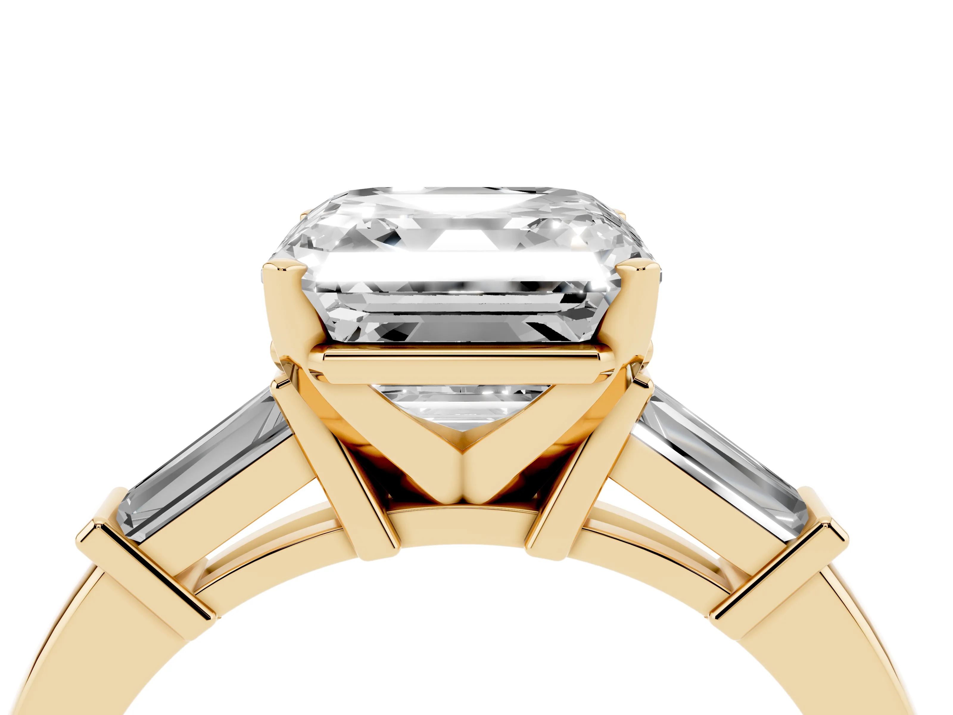 Asscher Cut Diamond Solitaire Ring Set in Yellow gold with Tapered Baguette Accents and Prong Setting