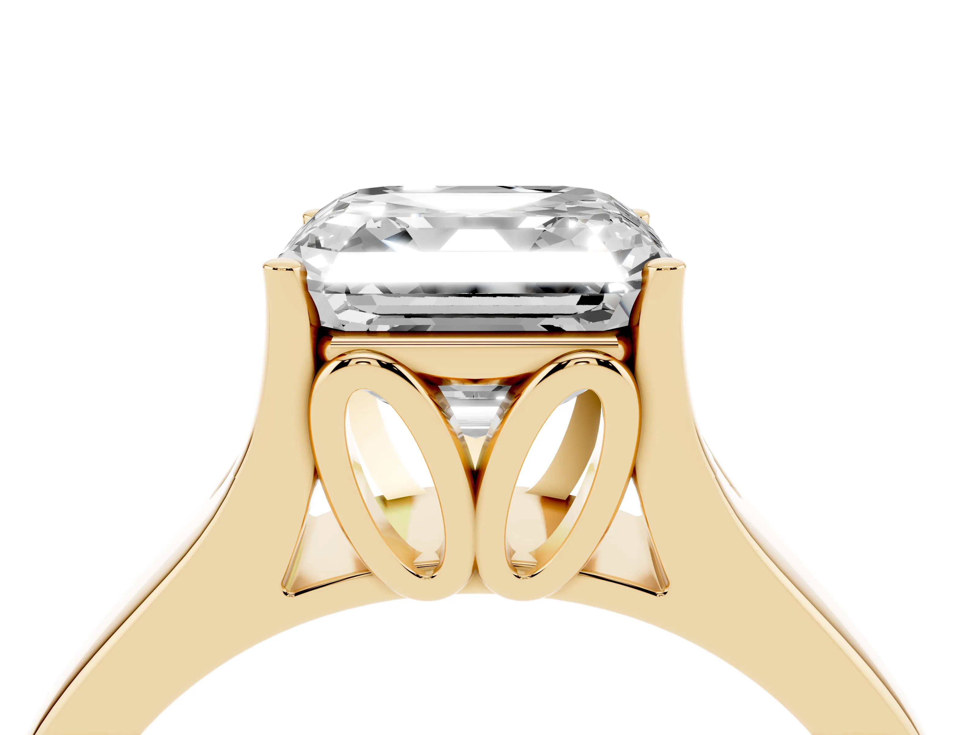 Asscher Cut Diamond Solitaire Ring Set in Yellow gold with Arched Cathedral Band and Prong Setting