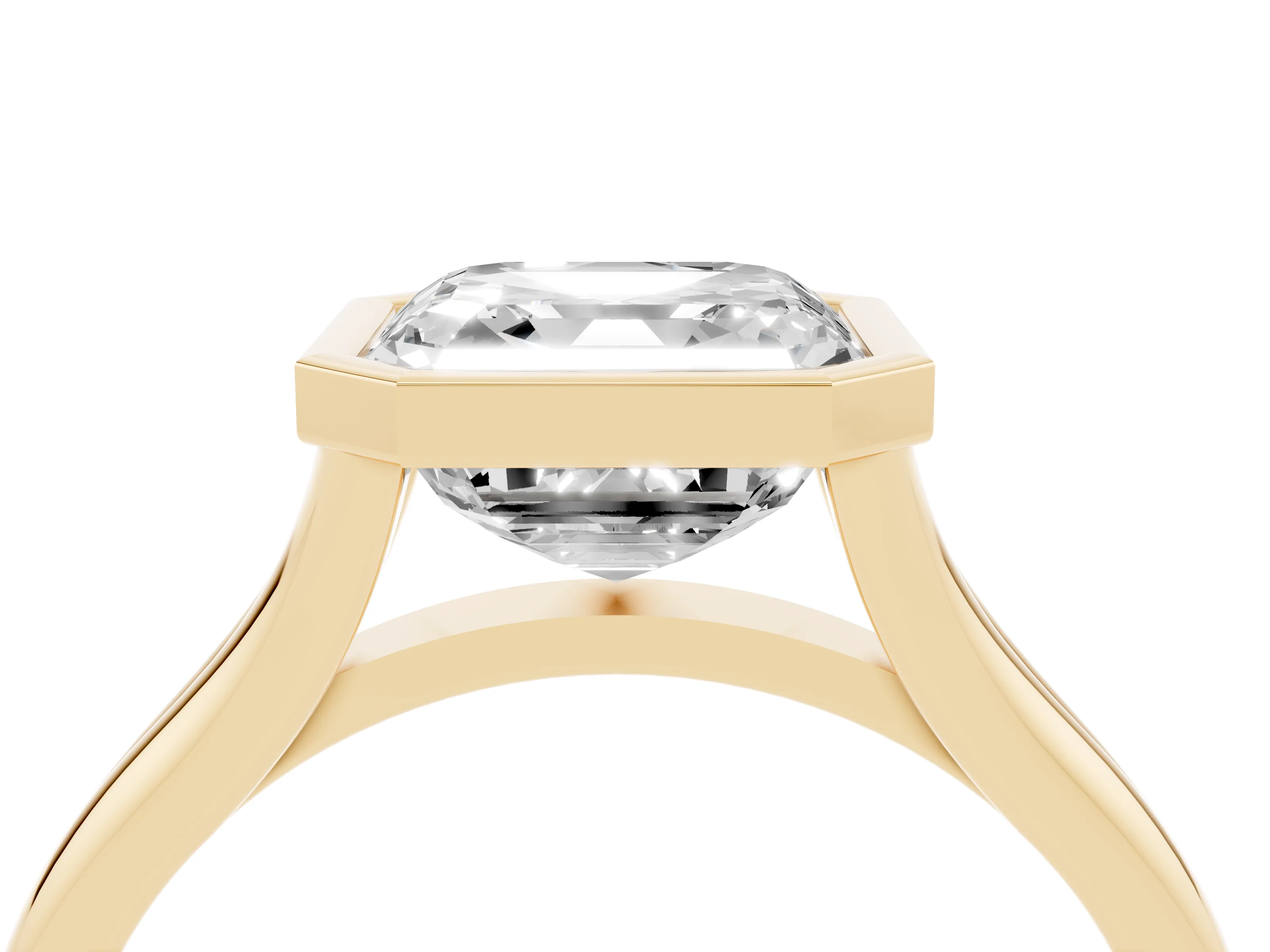 Bezel Set Asscher Cut Diamond Solitaire Ring Set in Yellow gold with Tapered Band